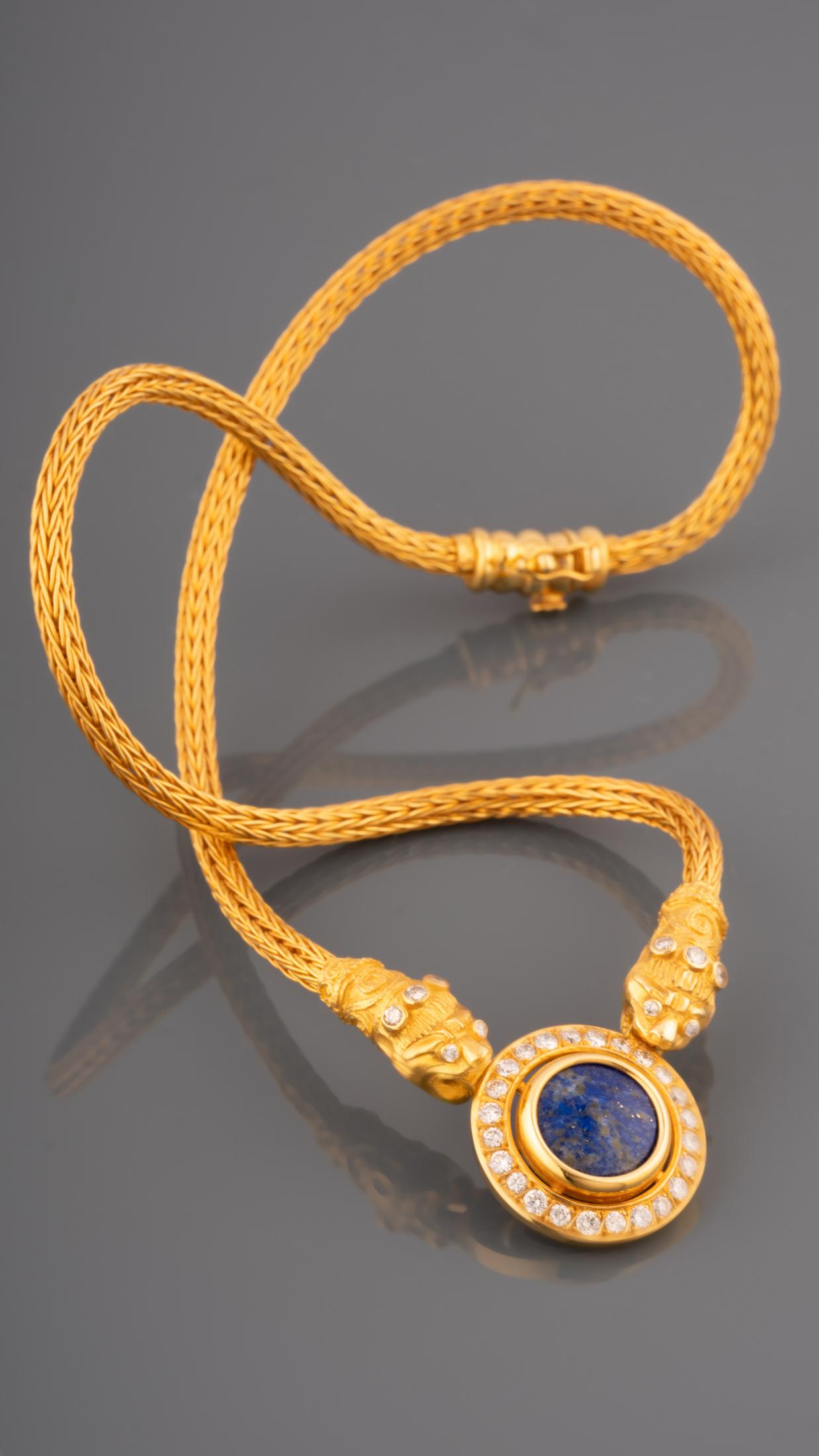 Gold Diamonds and Lapis Lazuli Greek Necklace In Excellent Condition For Sale In Saint-Ouen, FR