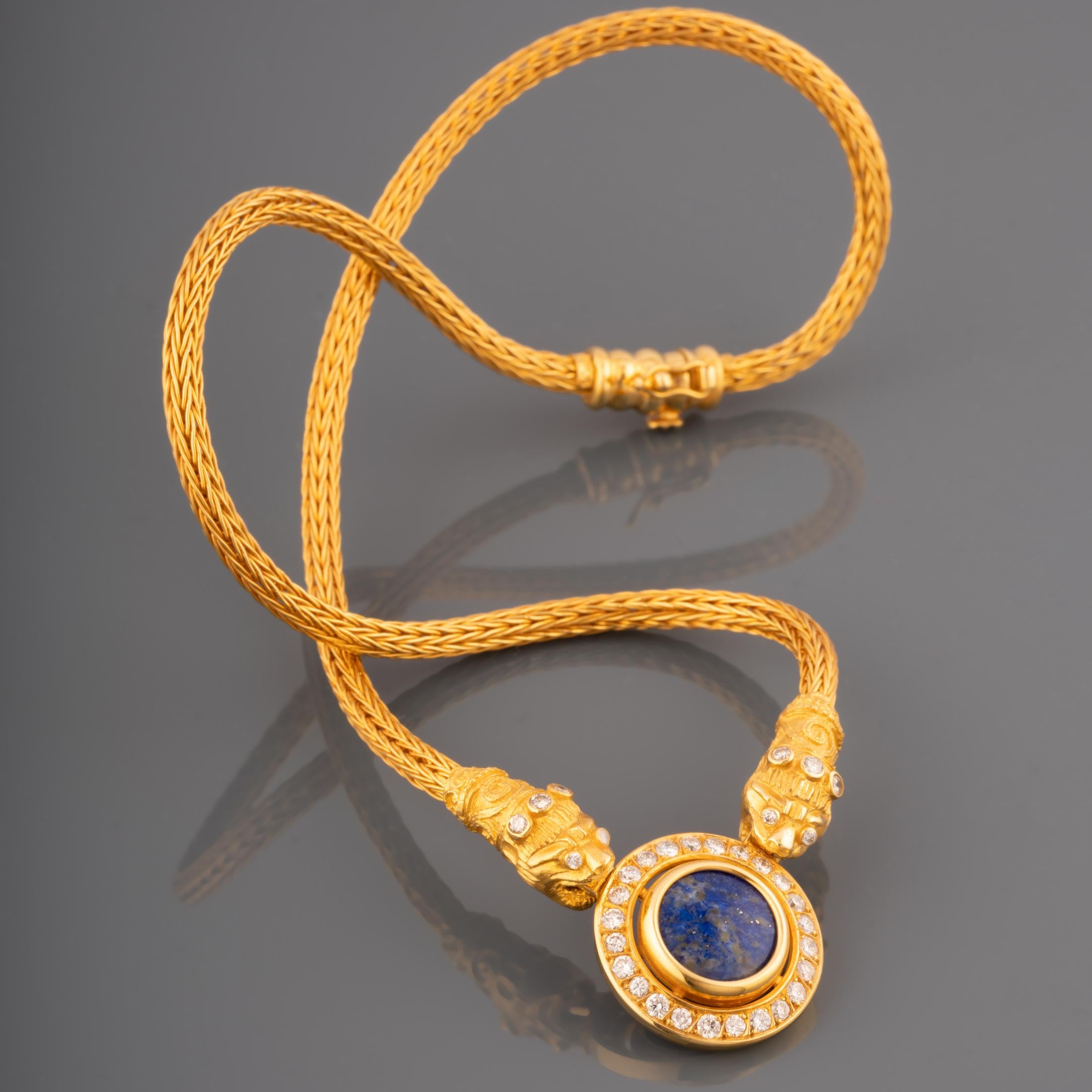 Women's Gold Diamonds and Lapis Lazuli Greek Necklace For Sale