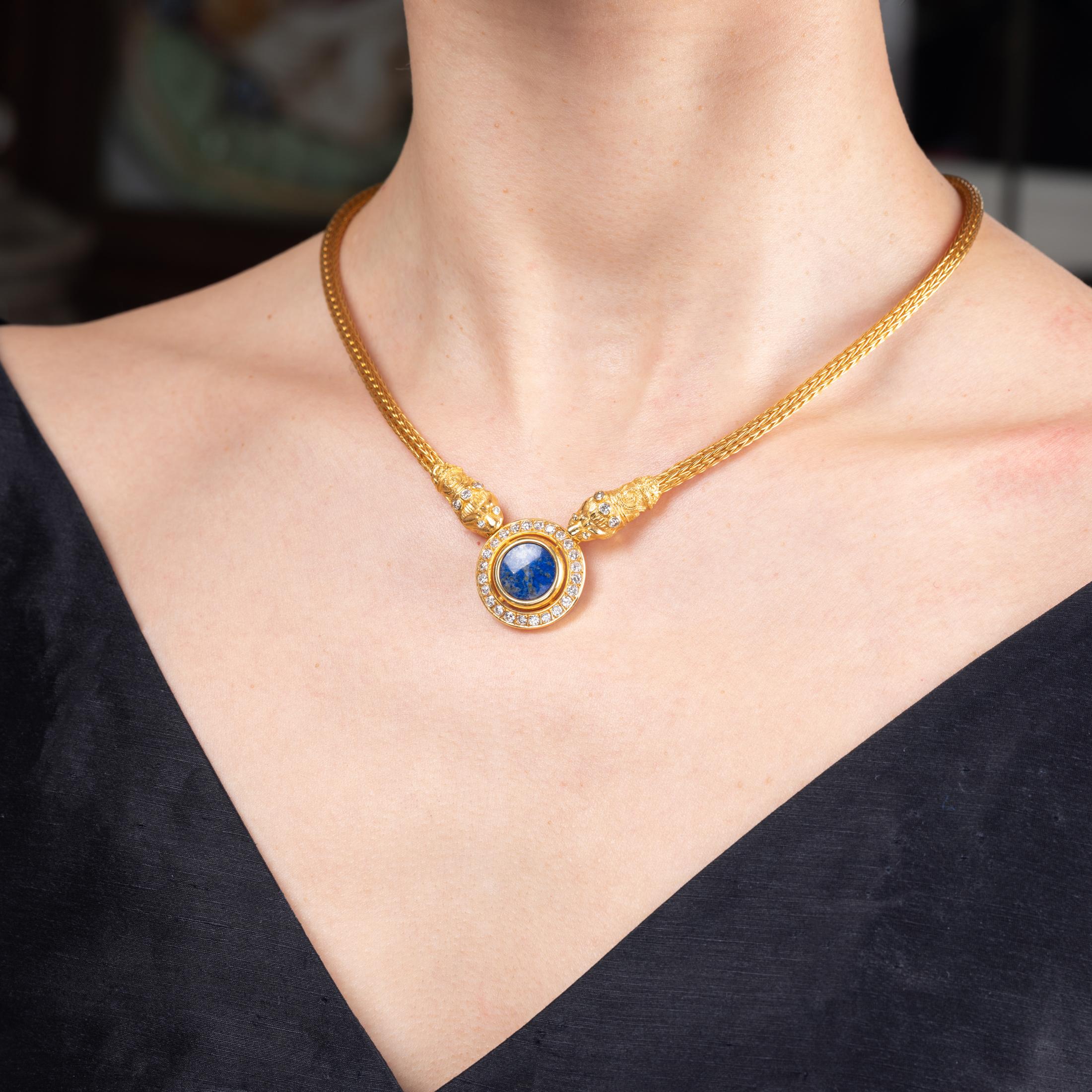 Gold Diamonds and Lapis Lazuli Greek Necklace For Sale 1