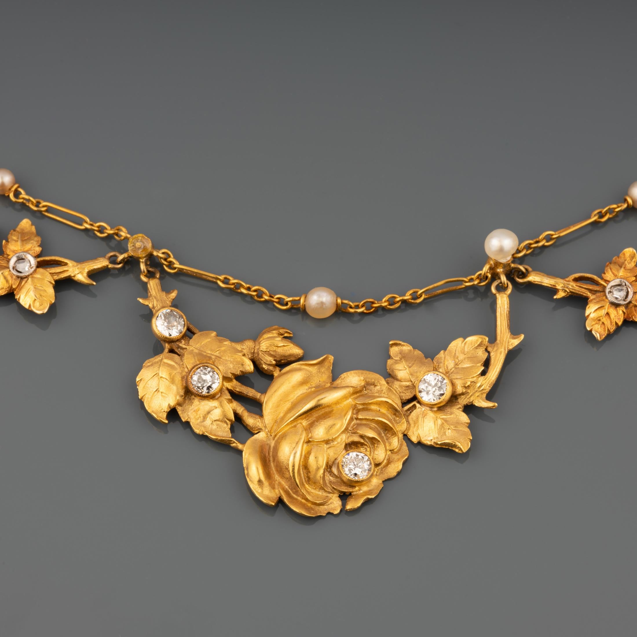 Old European Cut Gold Diamonds and Pearls French Art Nouveau Necklace For Sale