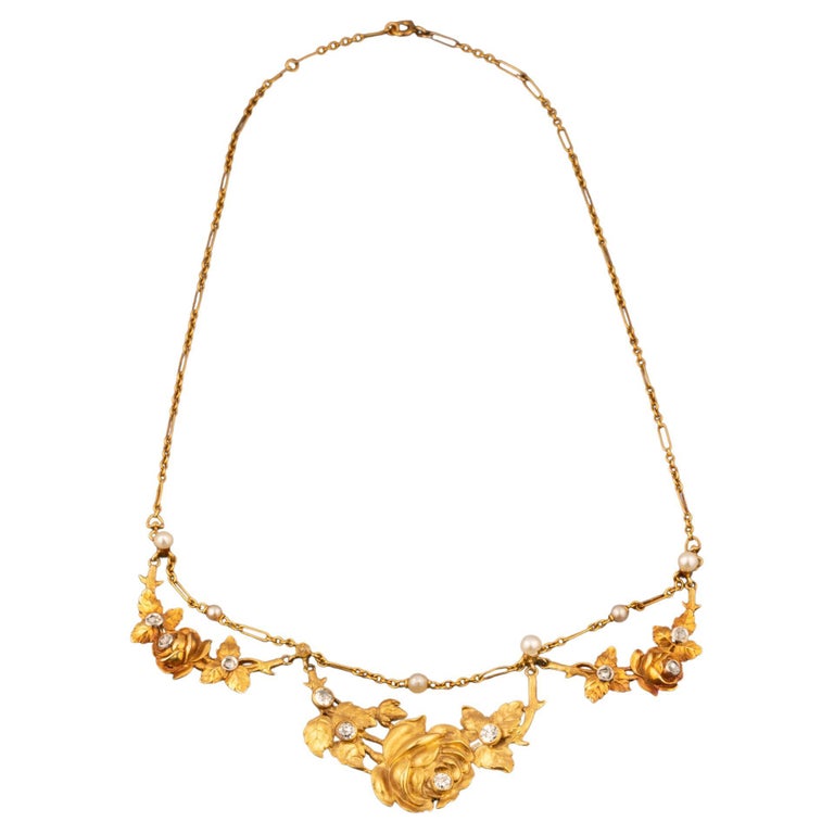 Gold Diamonds and Pearls French Art Nouveau Necklace For Sale at 1stDibs