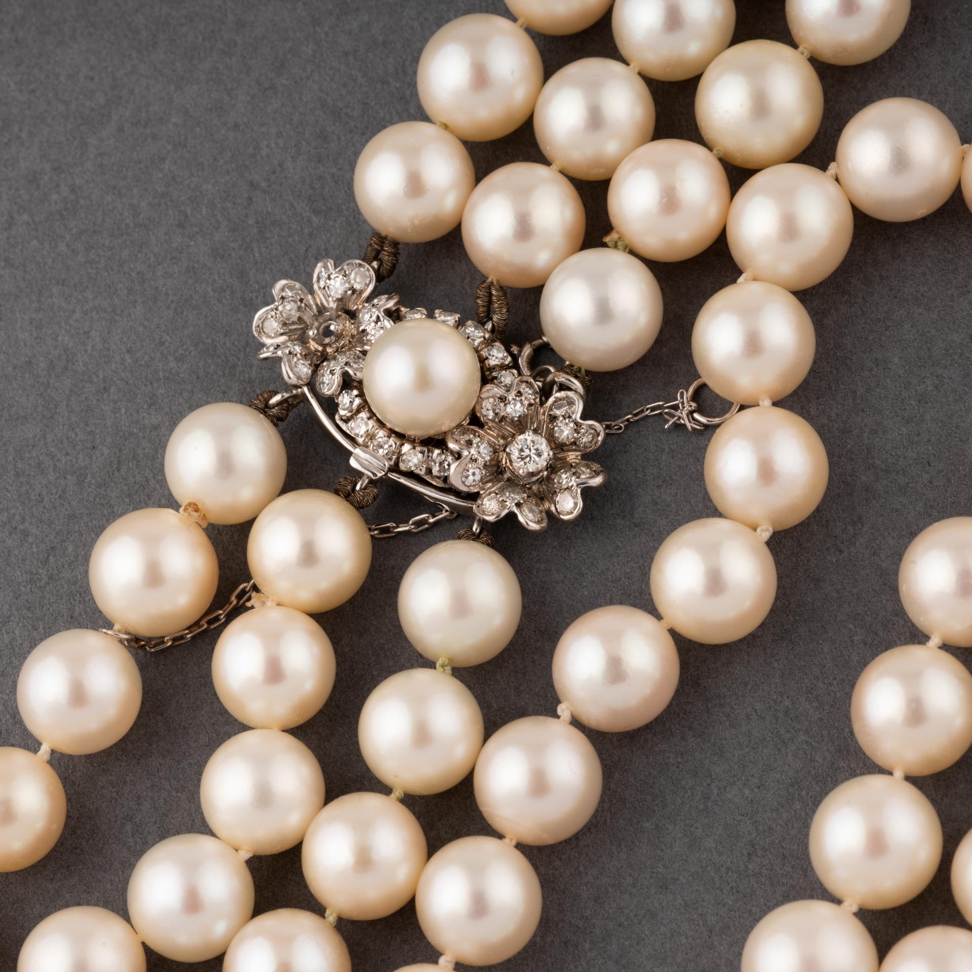Gold Diamonds and Pearls French Vintage Necklace For Sale at 1stDibs