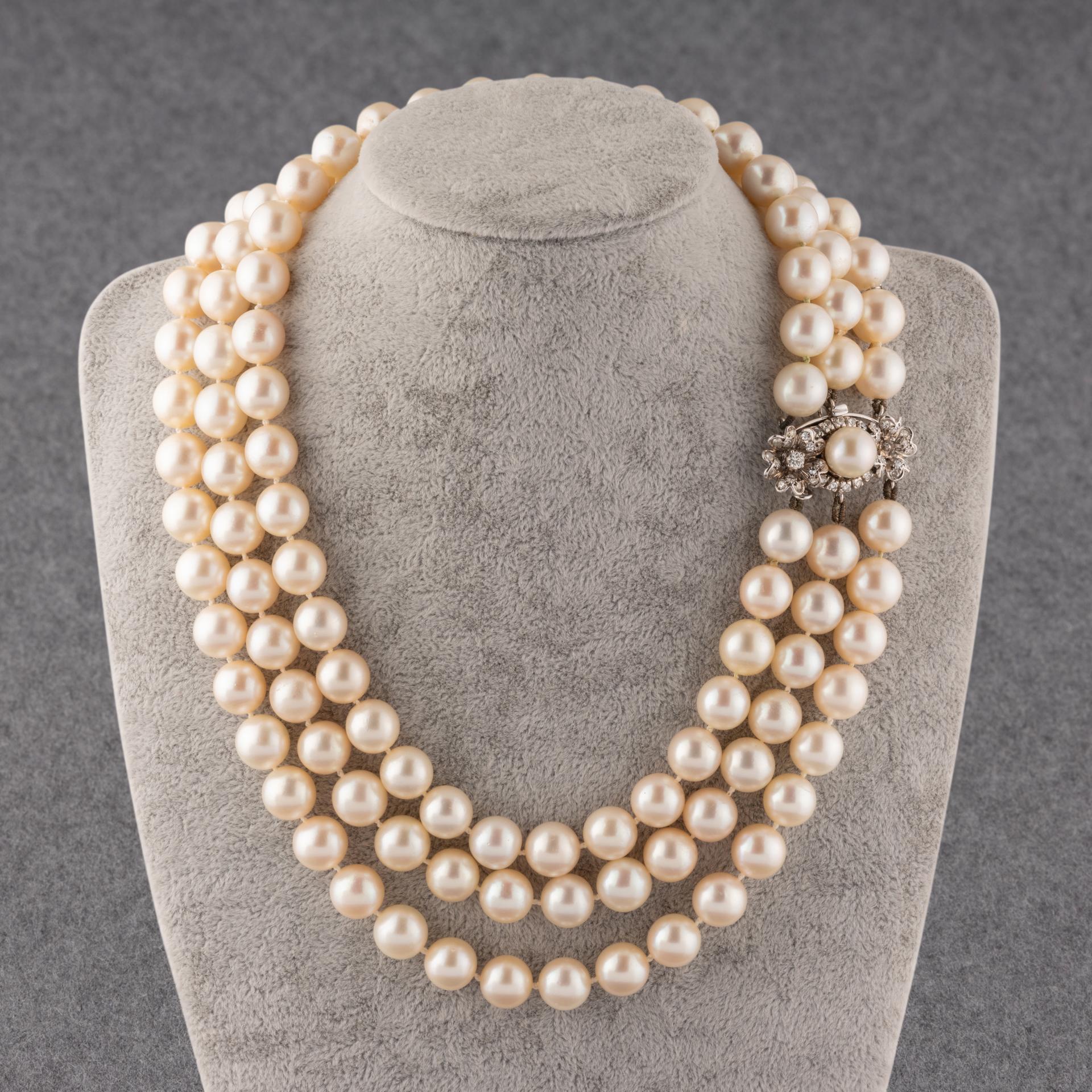 Bead Gold Diamonds and Pearls French Vintage Necklace For Sale