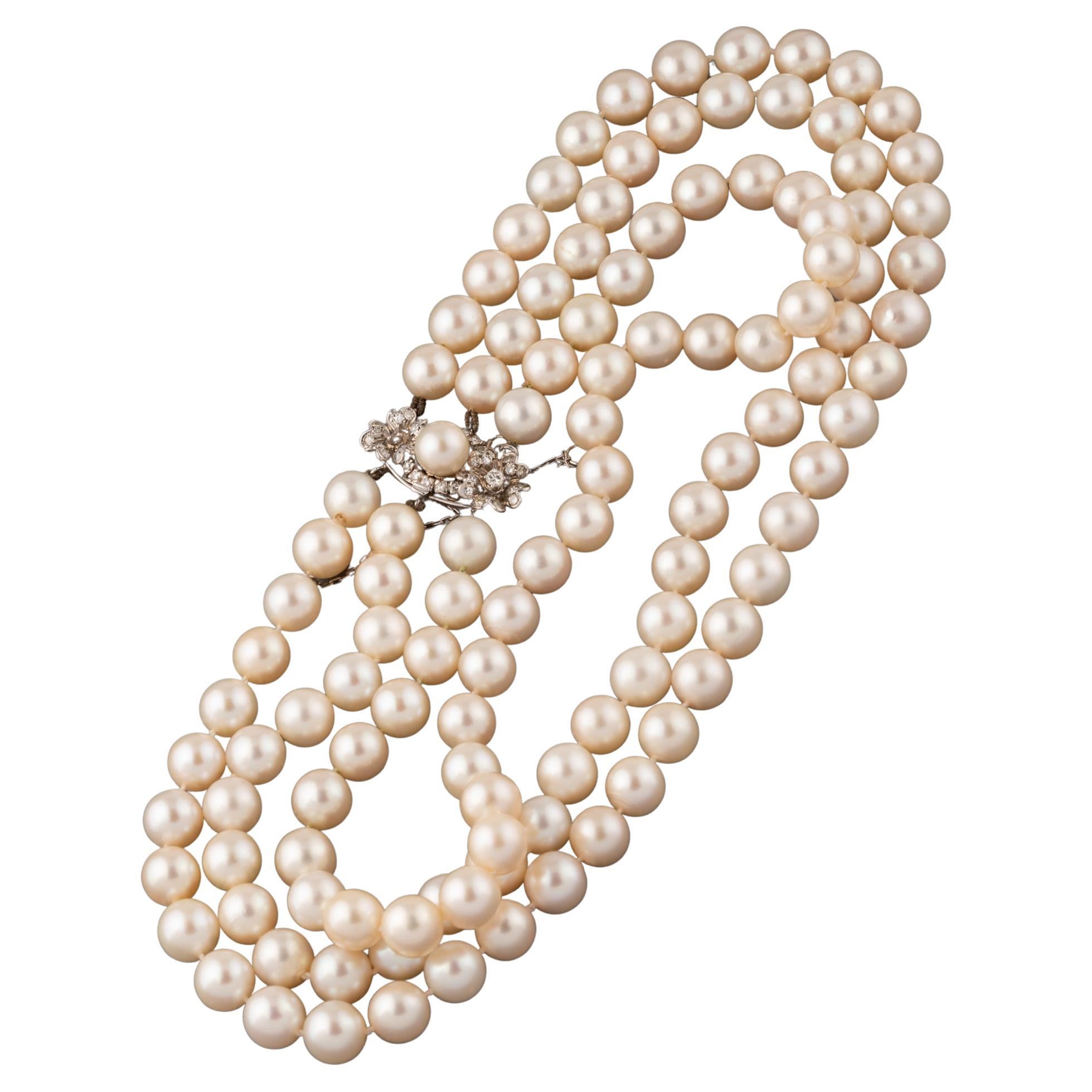 Gold Diamonds and Pearls French Vintage Necklace For Sale