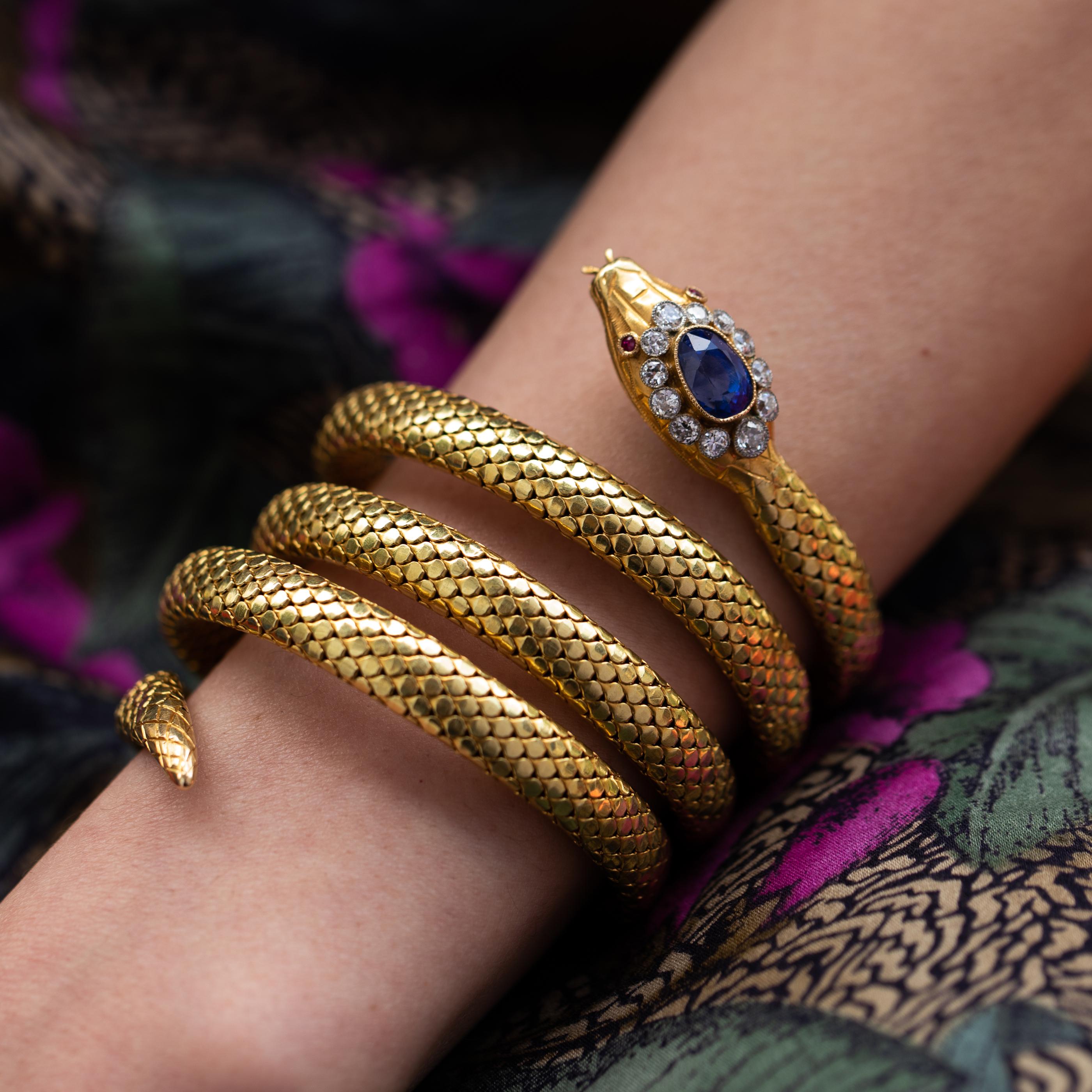 Late Victorian Gold Diamonds and Royal Blue Sapphire Antique Snake Bracelet