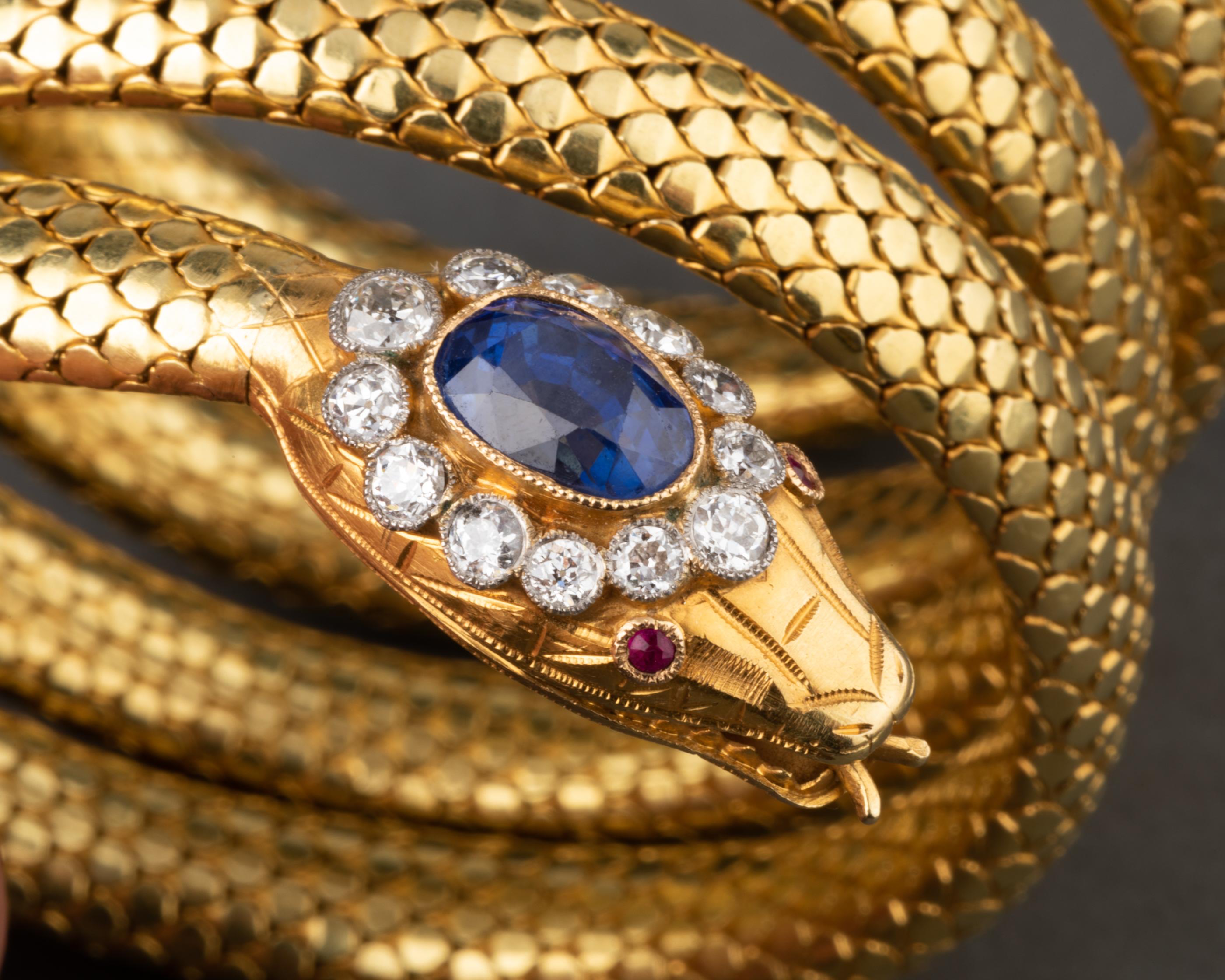 Oval Cut Gold Diamonds and Royal Blue Sapphire Antique Snake Bracelet