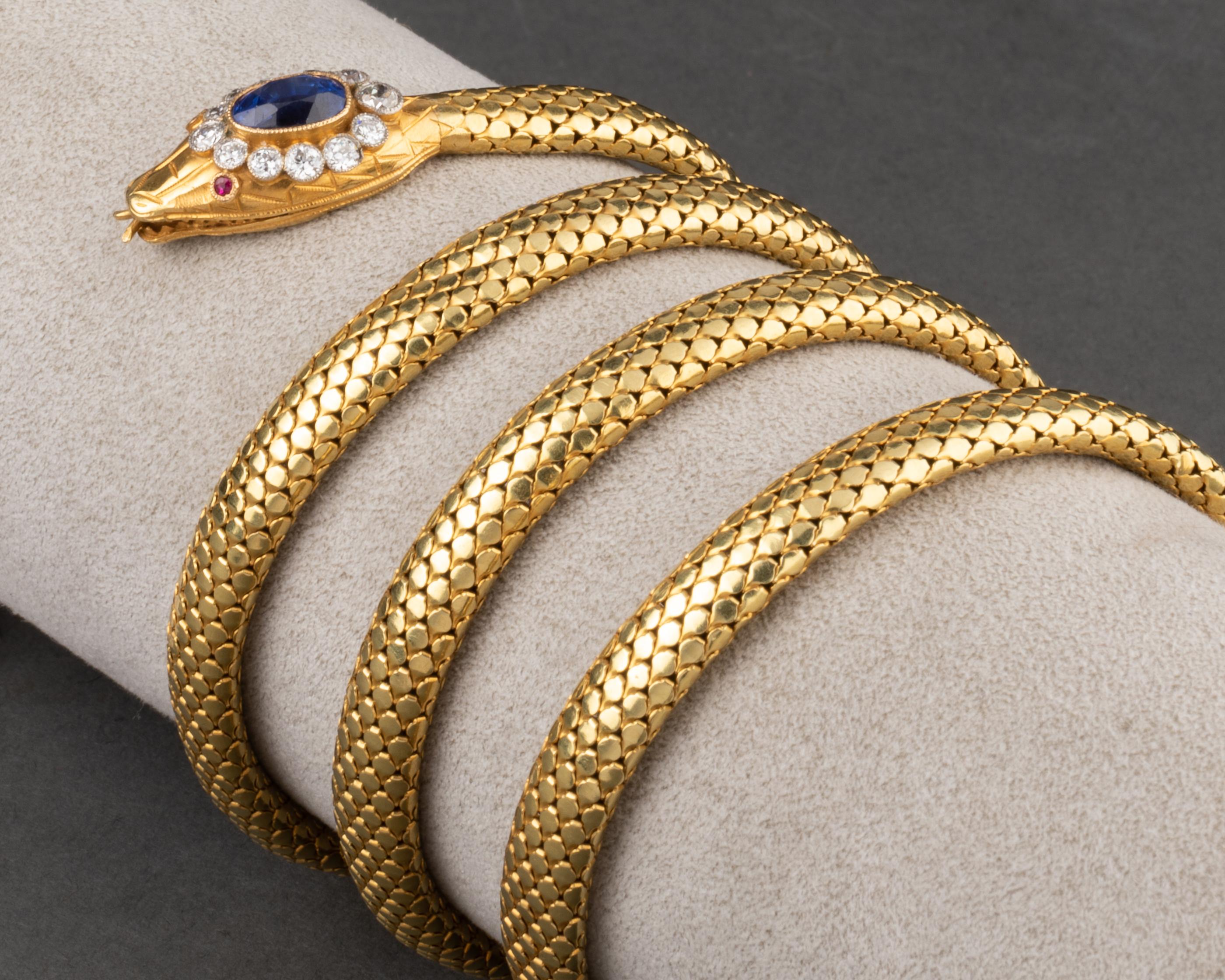 Gold Diamonds and Royal Blue Sapphire Antique Snake Bracelet In Good Condition In Saint-Ouen, FR