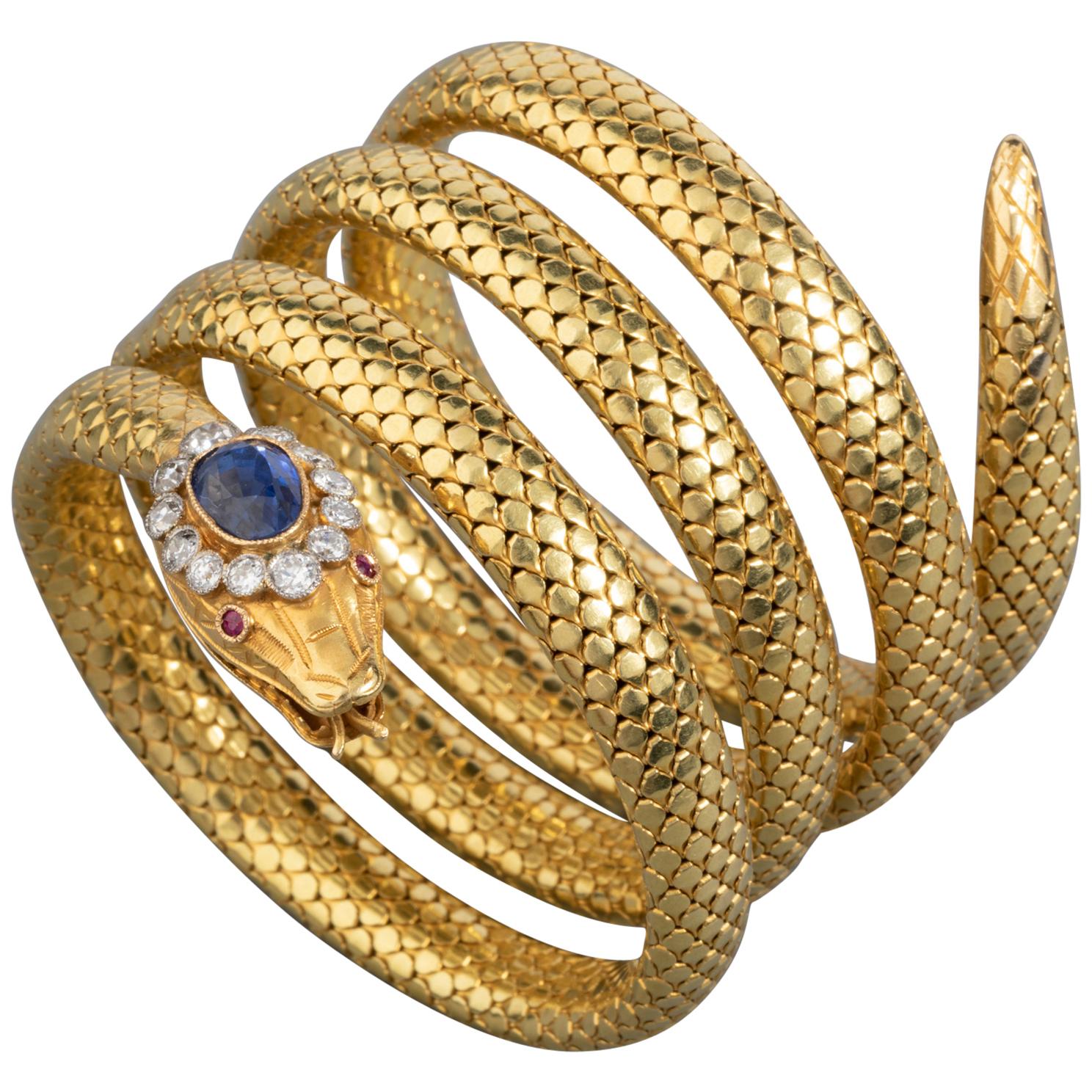 Gold Diamonds and Royal Blue Sapphire Antique Snake Bracelet