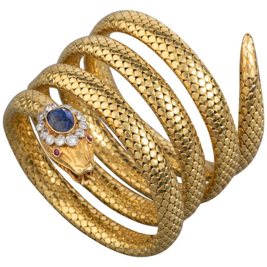 Gold Diamonds and Royal Blue Sapphire Antique Snake Bracelet at 1stDibs