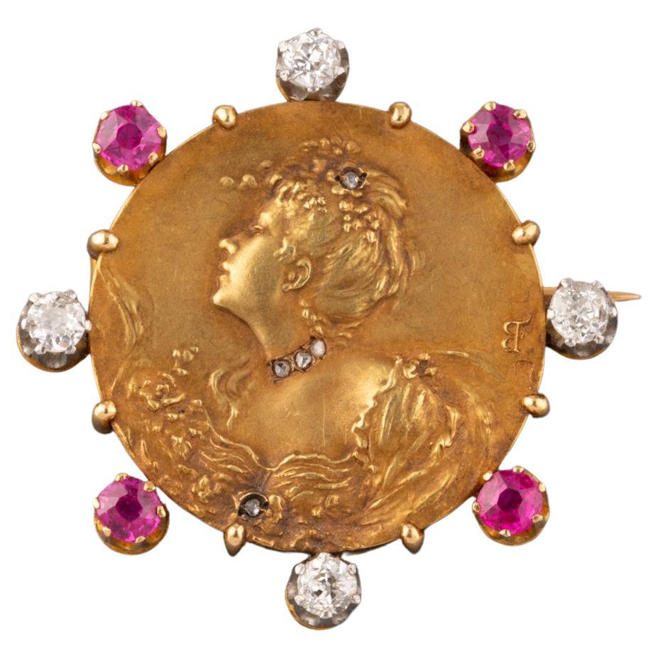 Gold Diamonds and Rubies French Antique Brooch For Sale