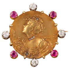 Gold Diamonds and Rubies French Antique Brooch
