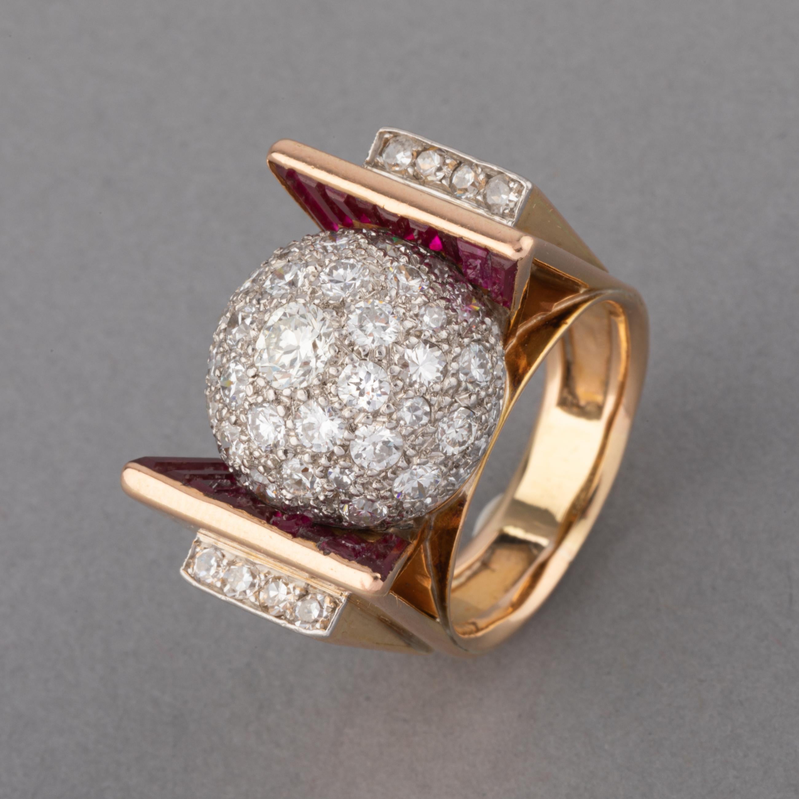 Art Deco Gold Diamonds and Rubies French Retro Ring For Sale