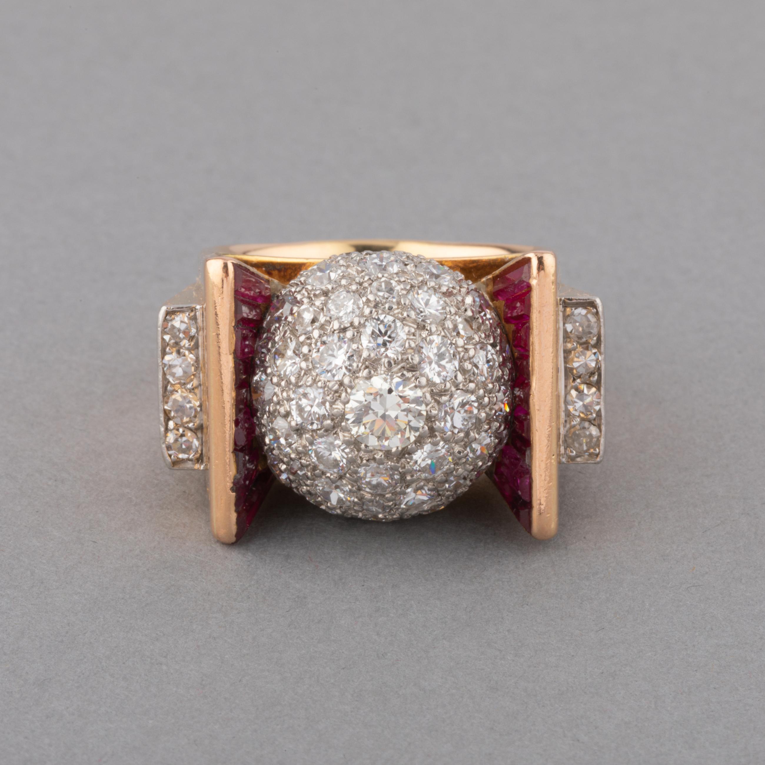 Round Cut Gold Diamonds and Rubies French Retro Ring For Sale