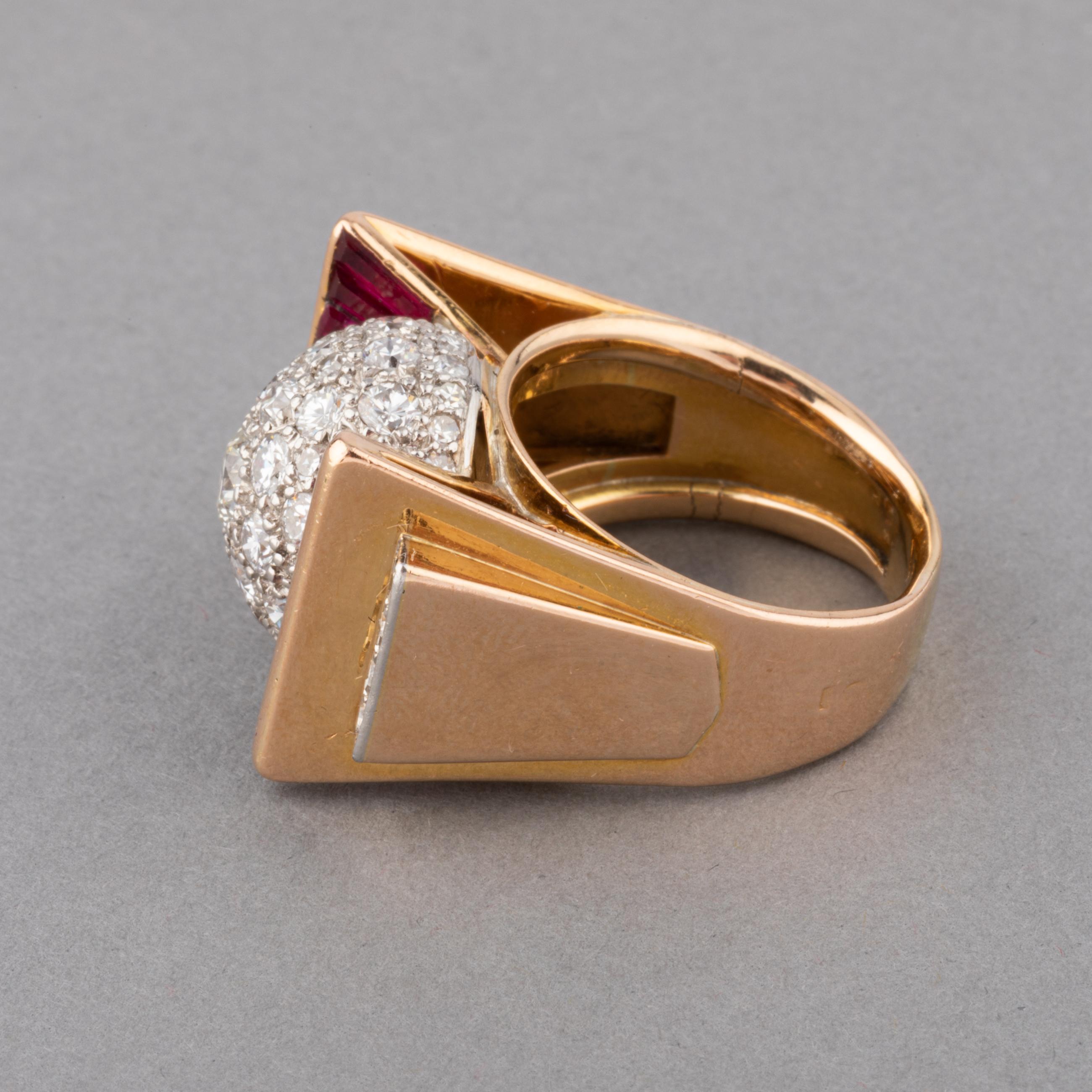 Gold Diamonds and Rubies French Retro Ring For Sale 1