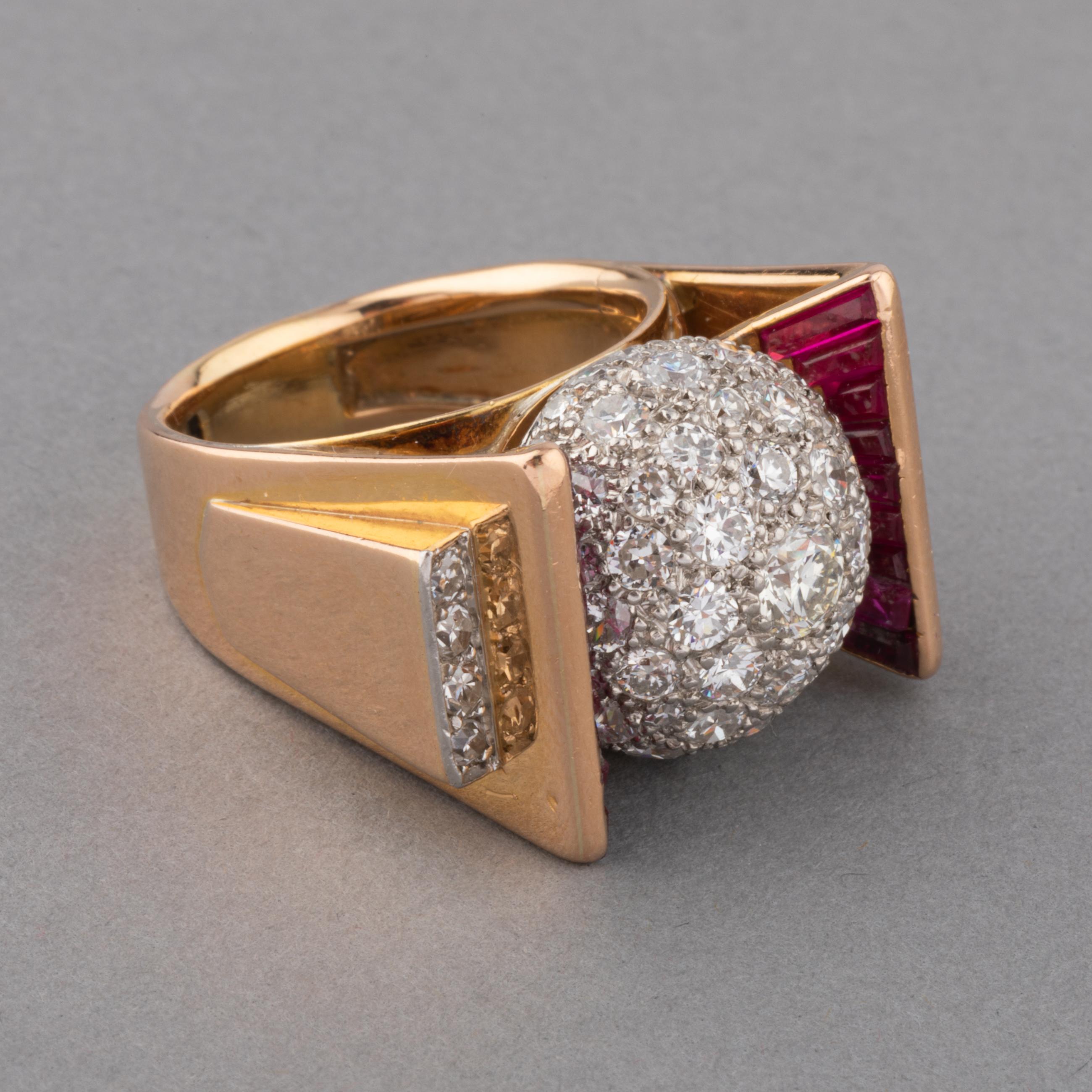 Gold Diamonds and Rubies French Retro Ring For Sale 3