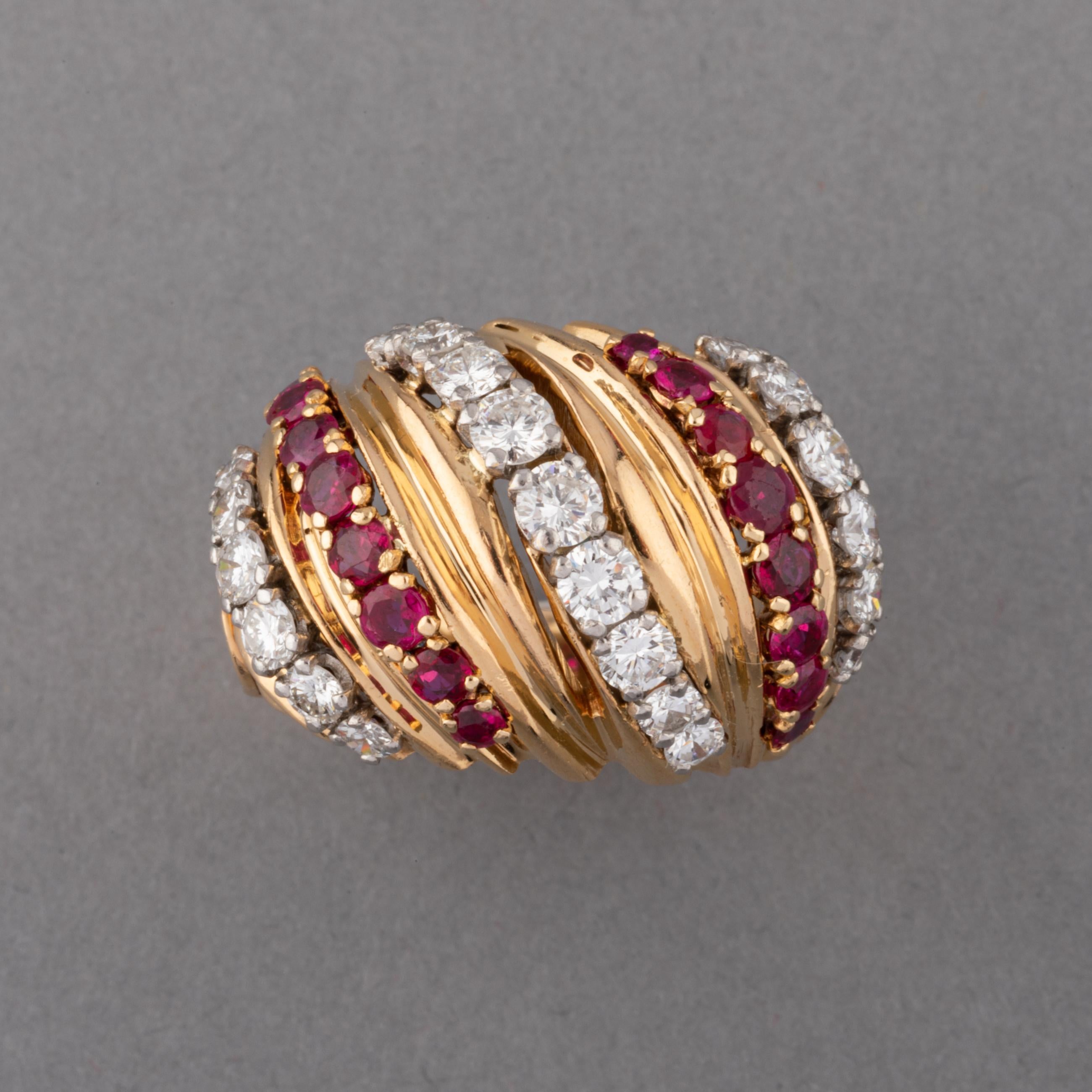 Women's Gold Diamonds and Rubies French Vintage Ring For Sale