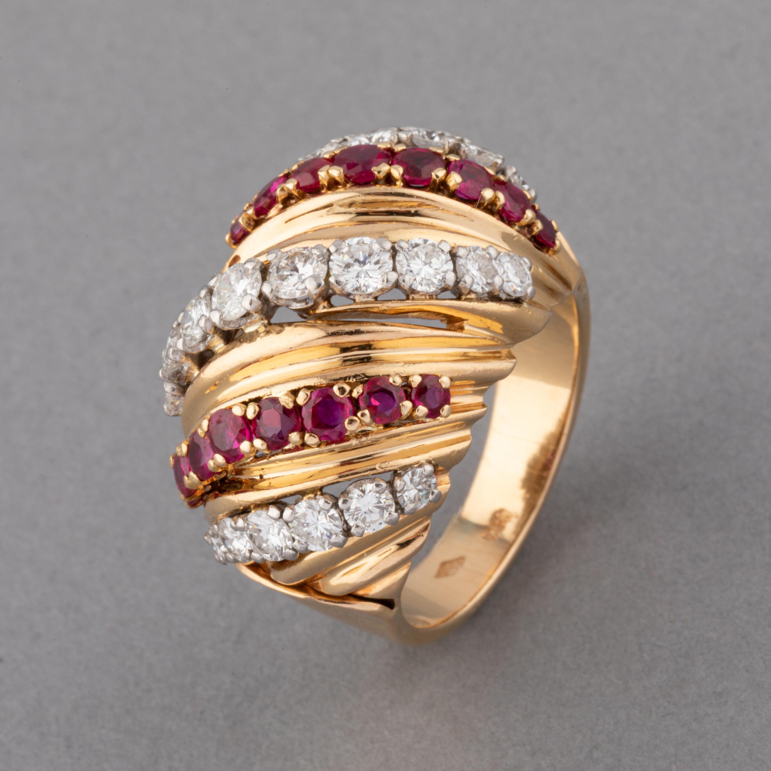 Gold Diamonds and Rubies French Vintage Ring For Sale 2