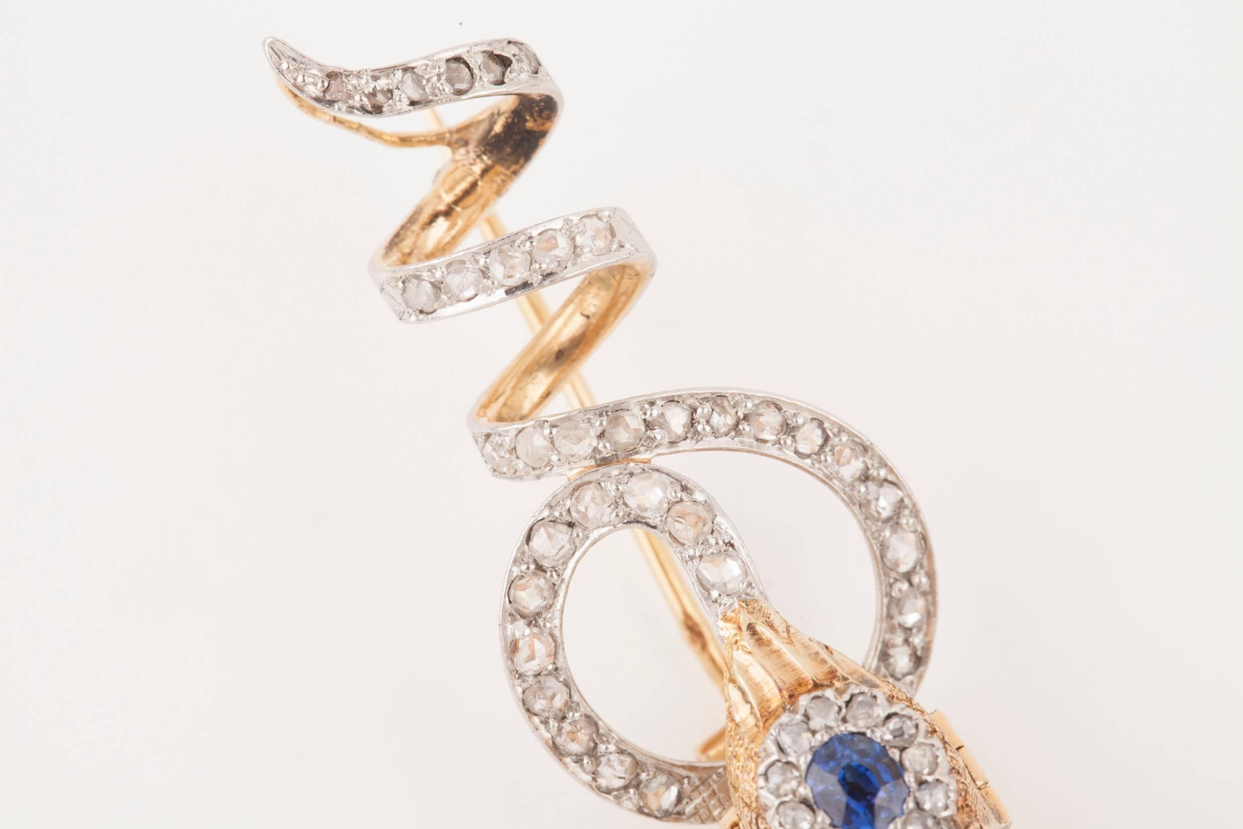 Gold Diamonds and Sapphire Victorian French Snake Brooch 11