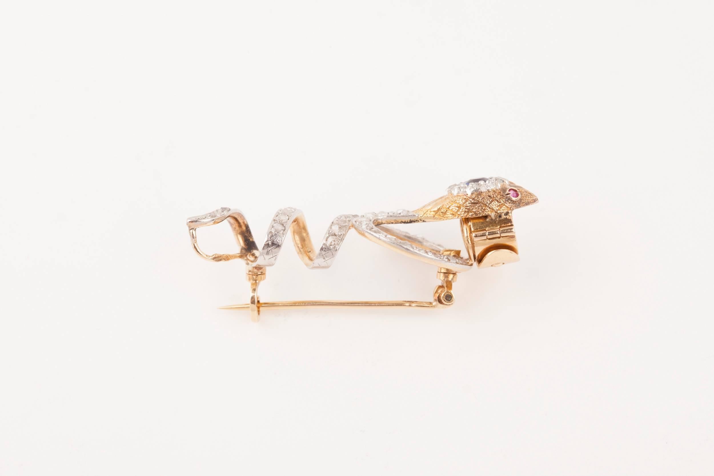 Gold Diamonds and Sapphire Victorian French Snake Brooch 2