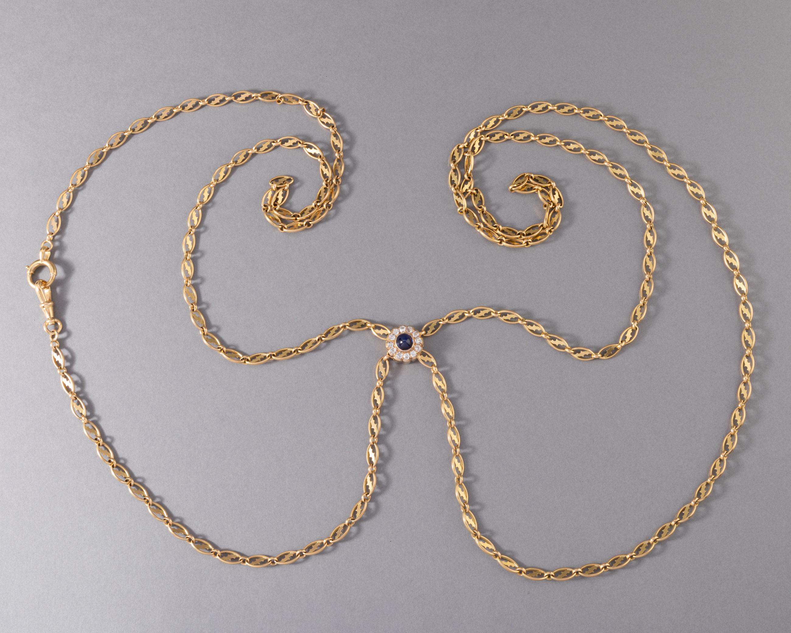 Cabochon Gold Diamonds and Sapphire Vintage Chain Necklace  For Sale