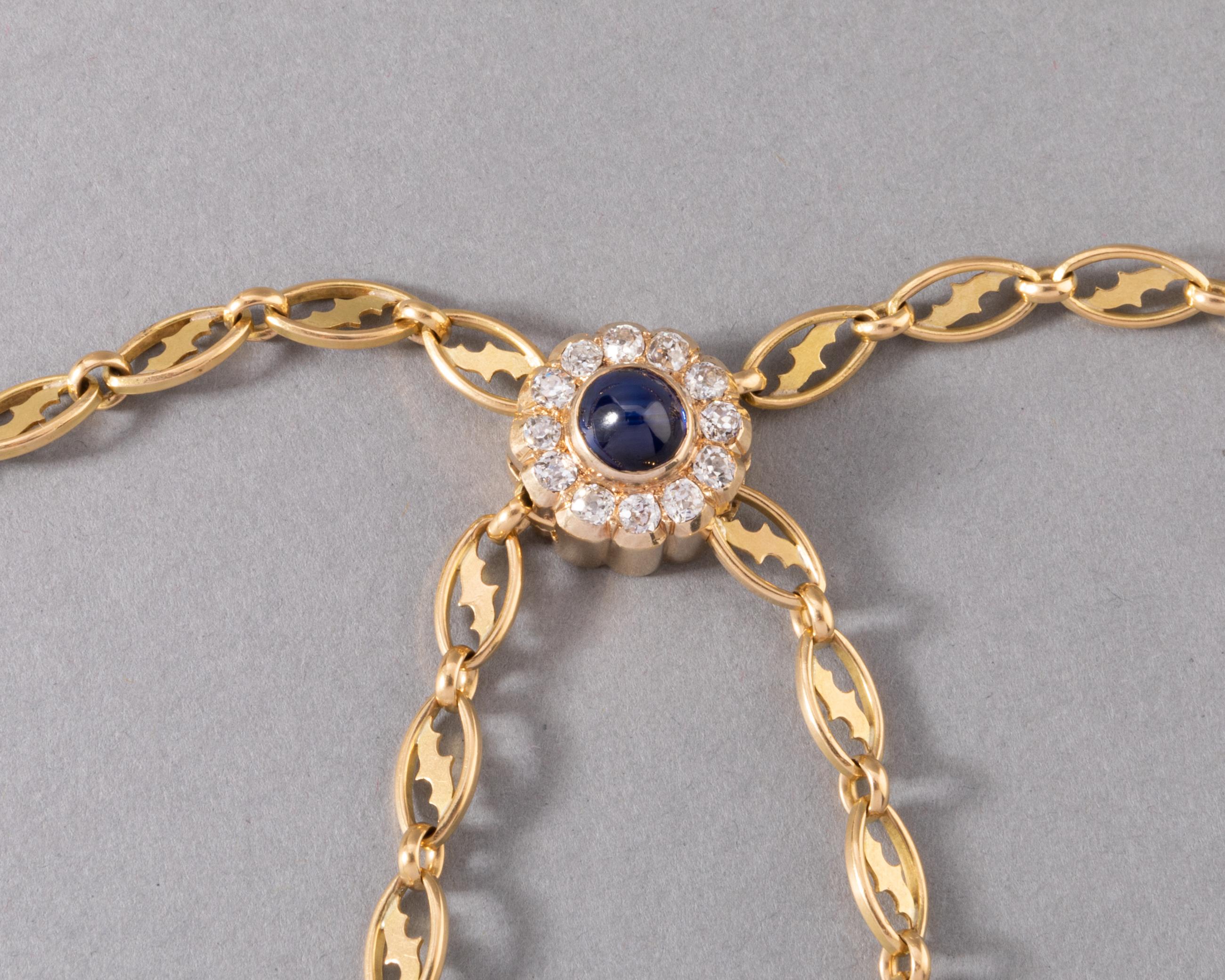 Women's Gold Diamonds and Sapphire Vintage Chain Necklace  For Sale