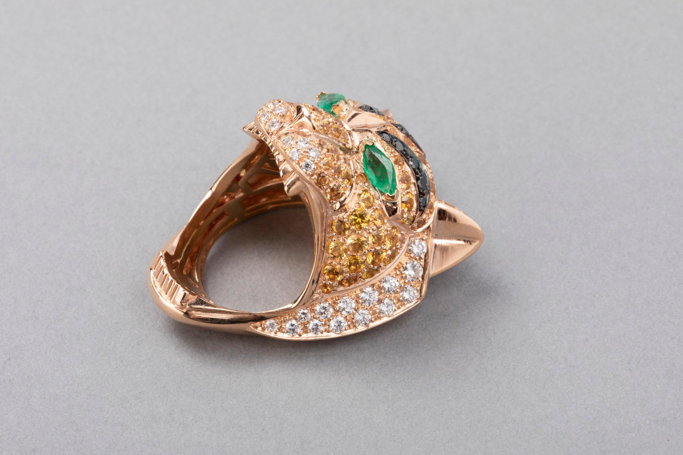 Gold Diamonds Emeralds and Sapphires Tiger Fashion Ring For Sale 4