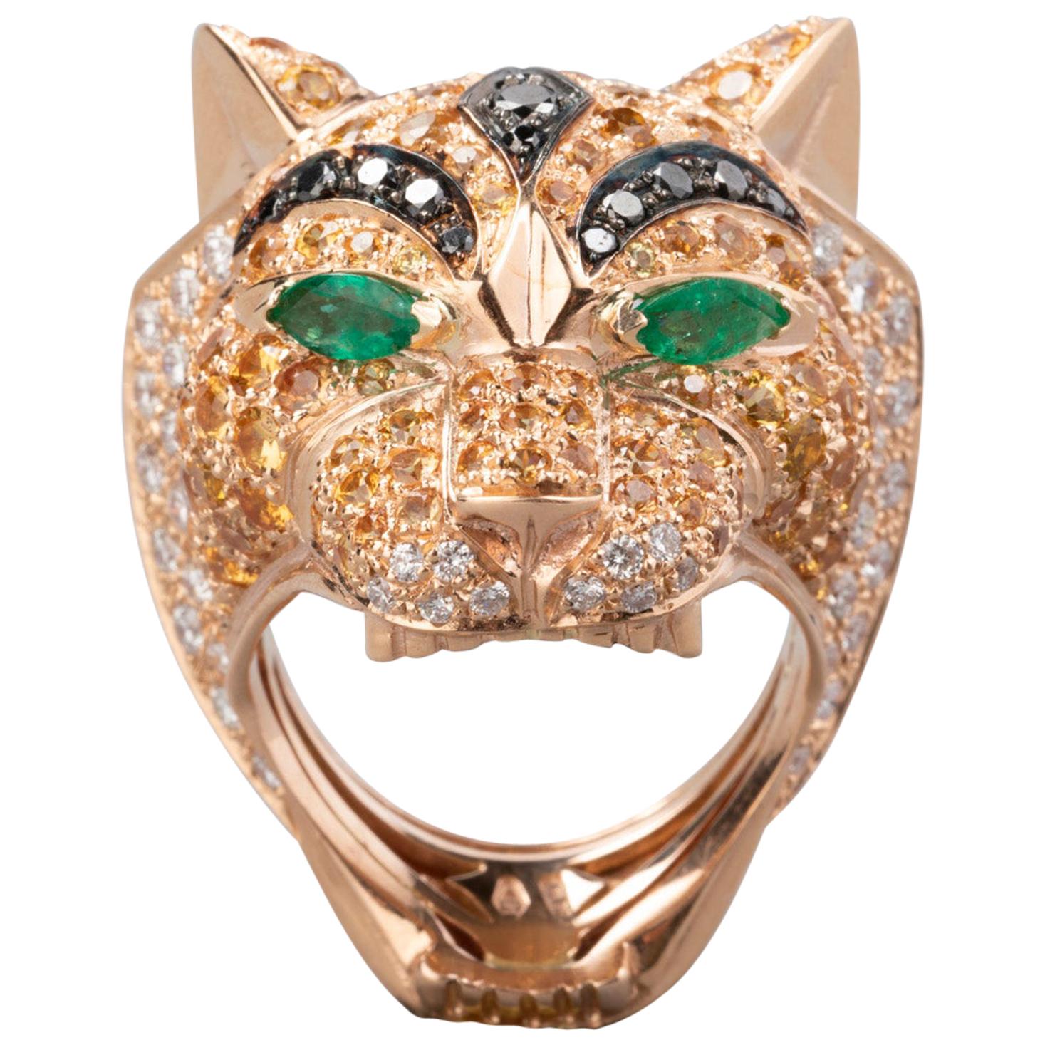 Gold Diamonds Emeralds and Sapphires Tiger Fashion Ring For Sale