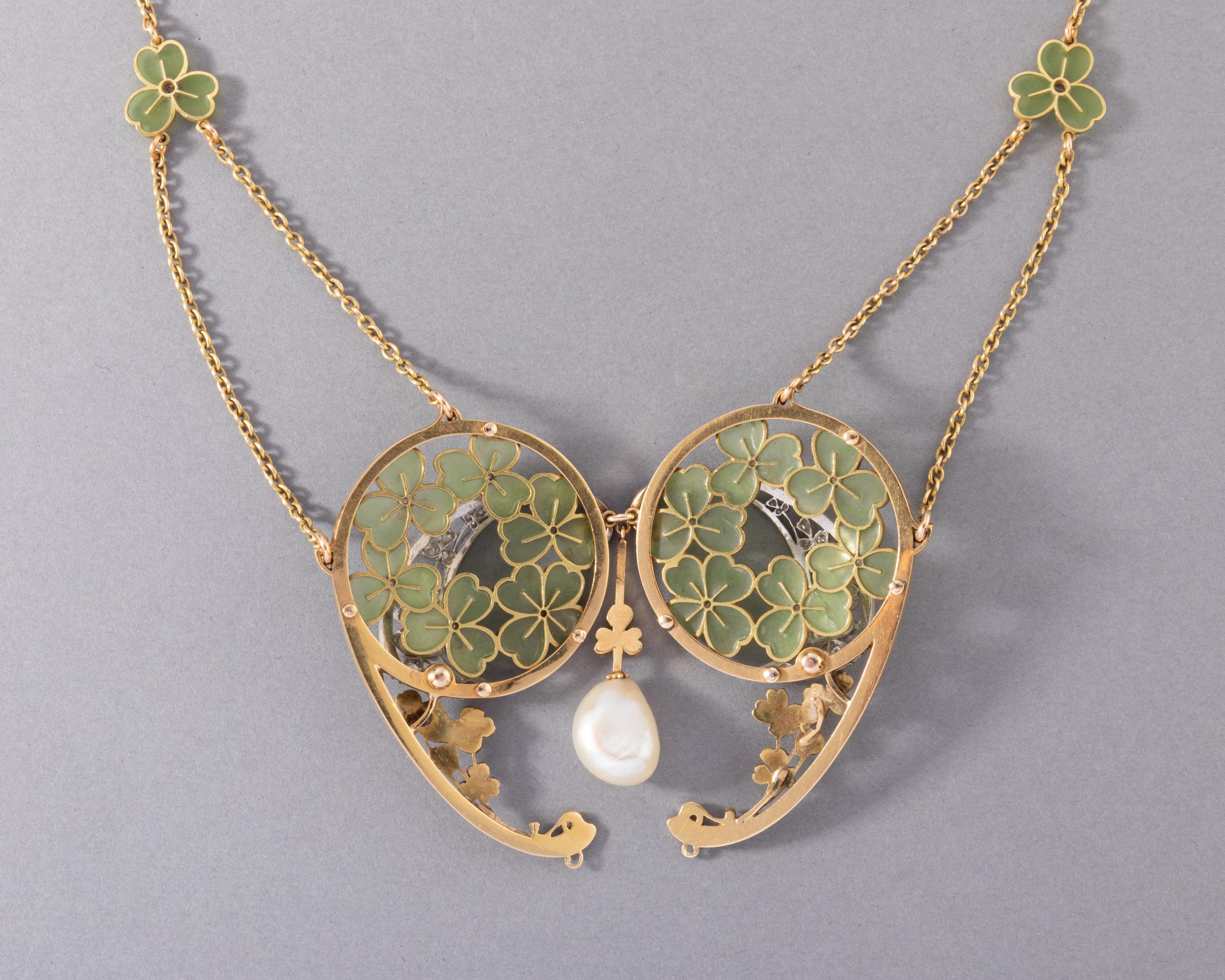 Gold Diamonds Enamel and Pearl French Art Nouveau necklace For Sale at ...