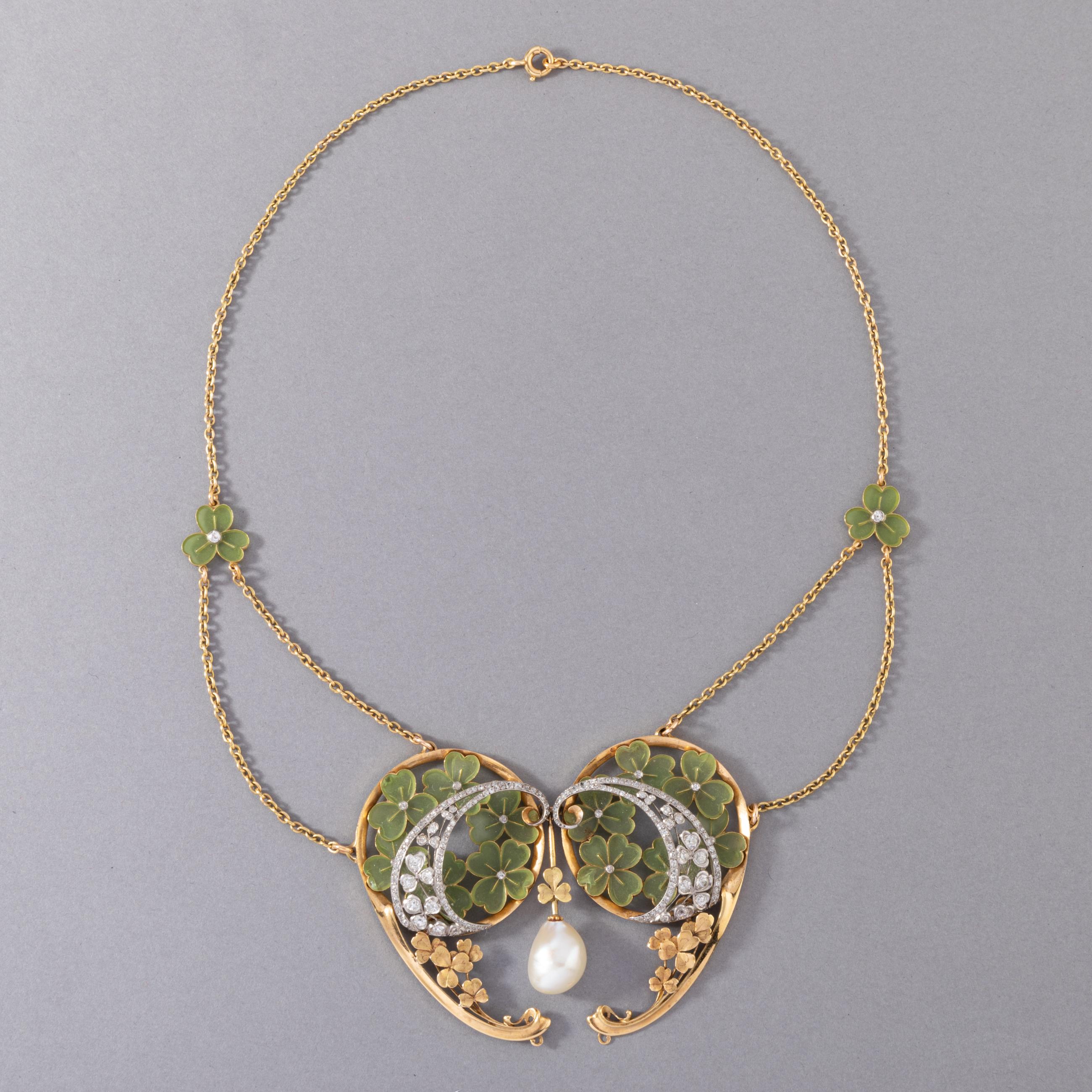 Gold Diamonds Enamel and Pearl French Art Nouveau necklace For Sale at ...