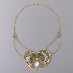 Französische Jugendstil-Halskette aus Gold, Diamanten, Emaille und Perlen