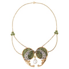 Gold Diamonds Enamel and Pearl French Art Nouveau necklace