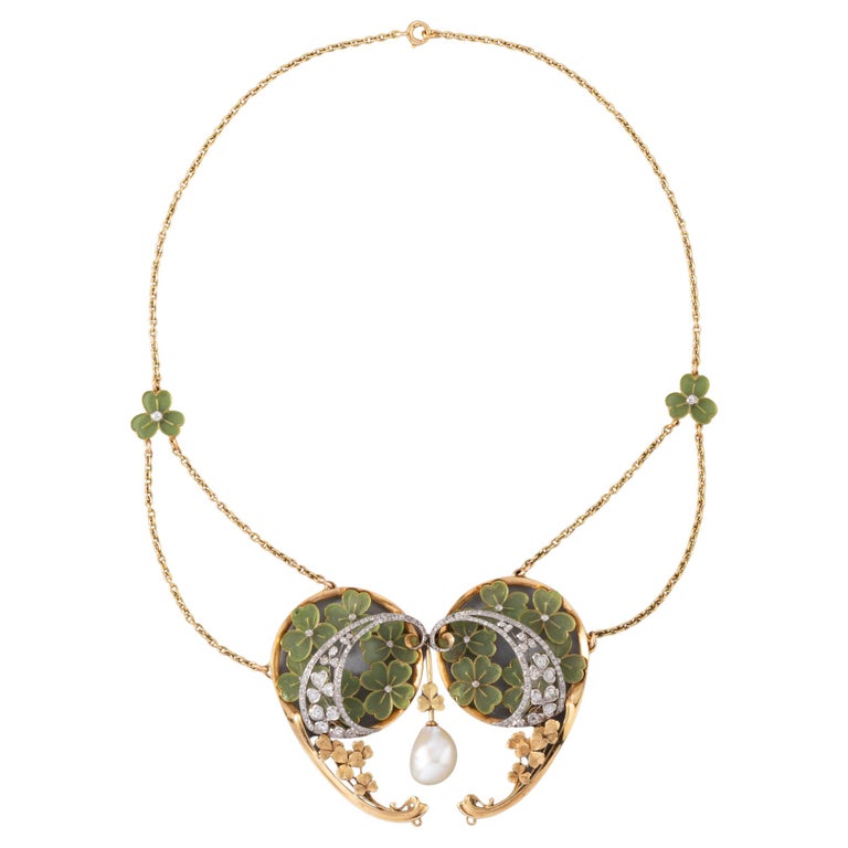 Gold Diamonds Enamel and Pearl French Art Nouveau necklace For Sale at ...