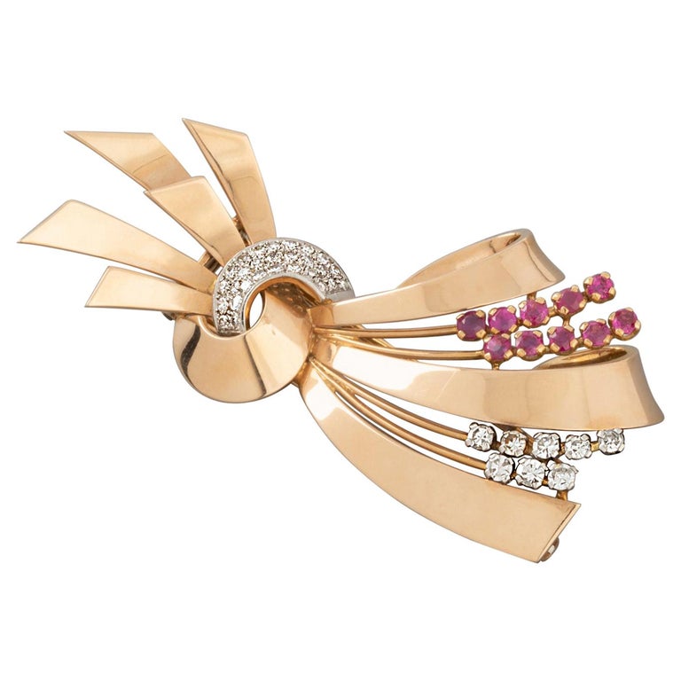 Gold Diamonds French Vintage Brooch For Sale at 1stDibs