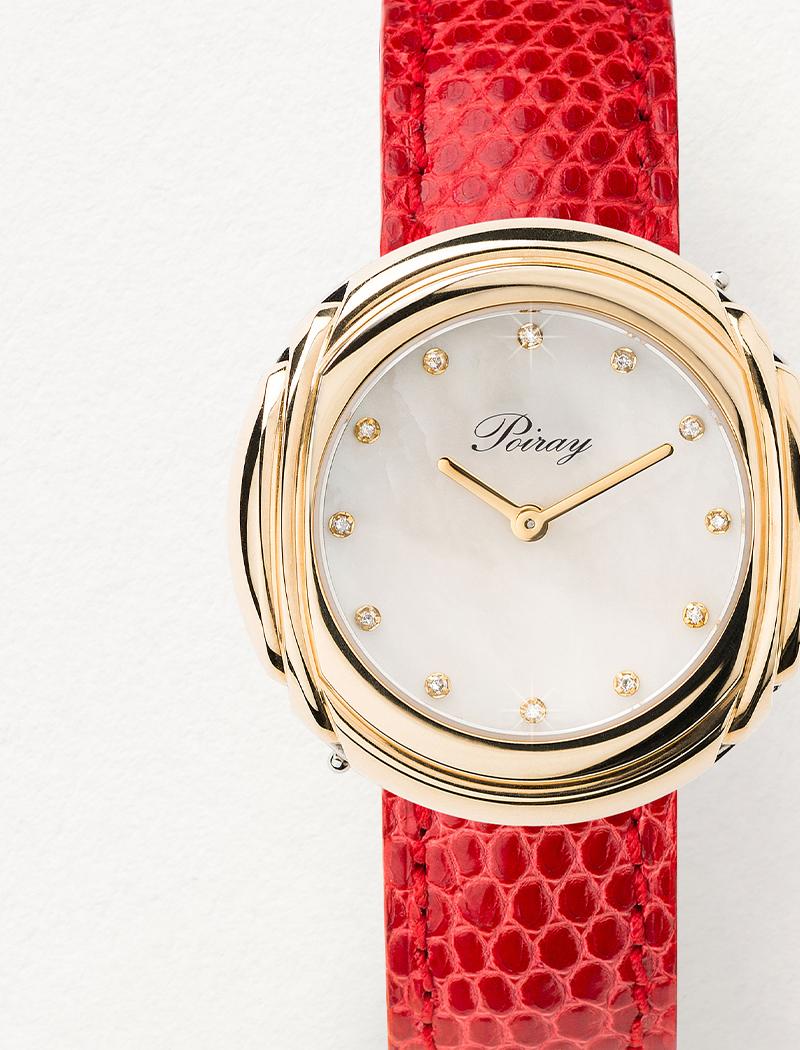 Gold-, Diamanten- und Stahluhr, rotes Eidechsenarmband, Rive Droit-Kollektion (Moderne) im Angebot