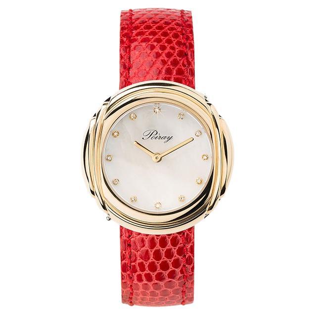 Gold, Diamonds & Steel Watch, Red Lizard Strap, Rive Droite Collection For Sale