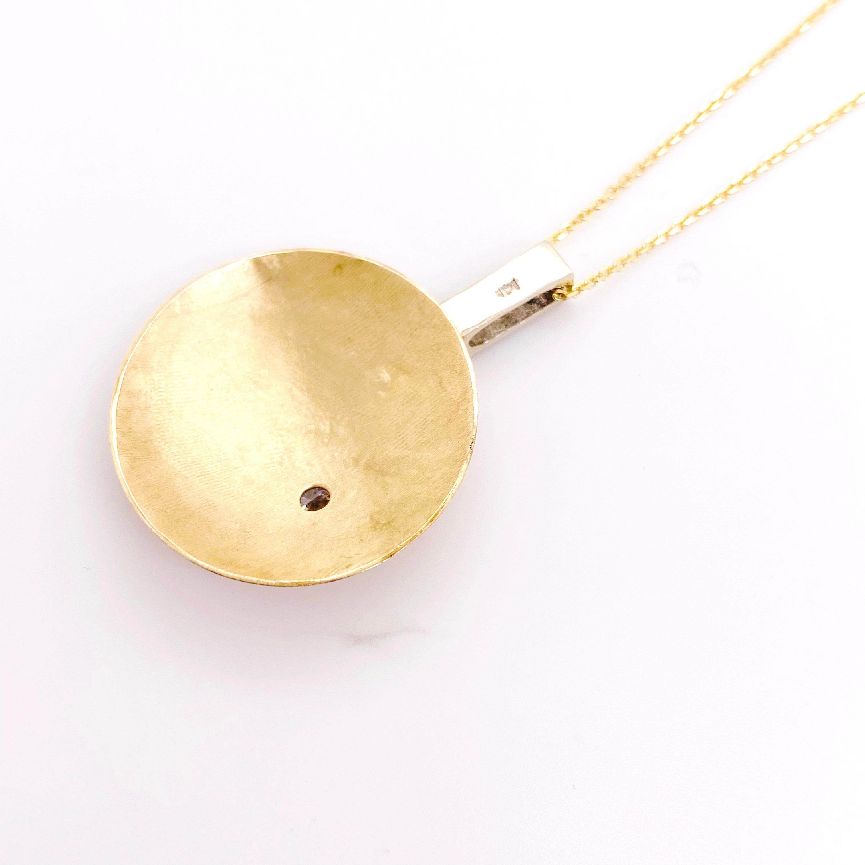 Contemporary Gold Disk Diamond Pendant Necklace, Yellow Gold, Hammered Circle Pendant For Sale