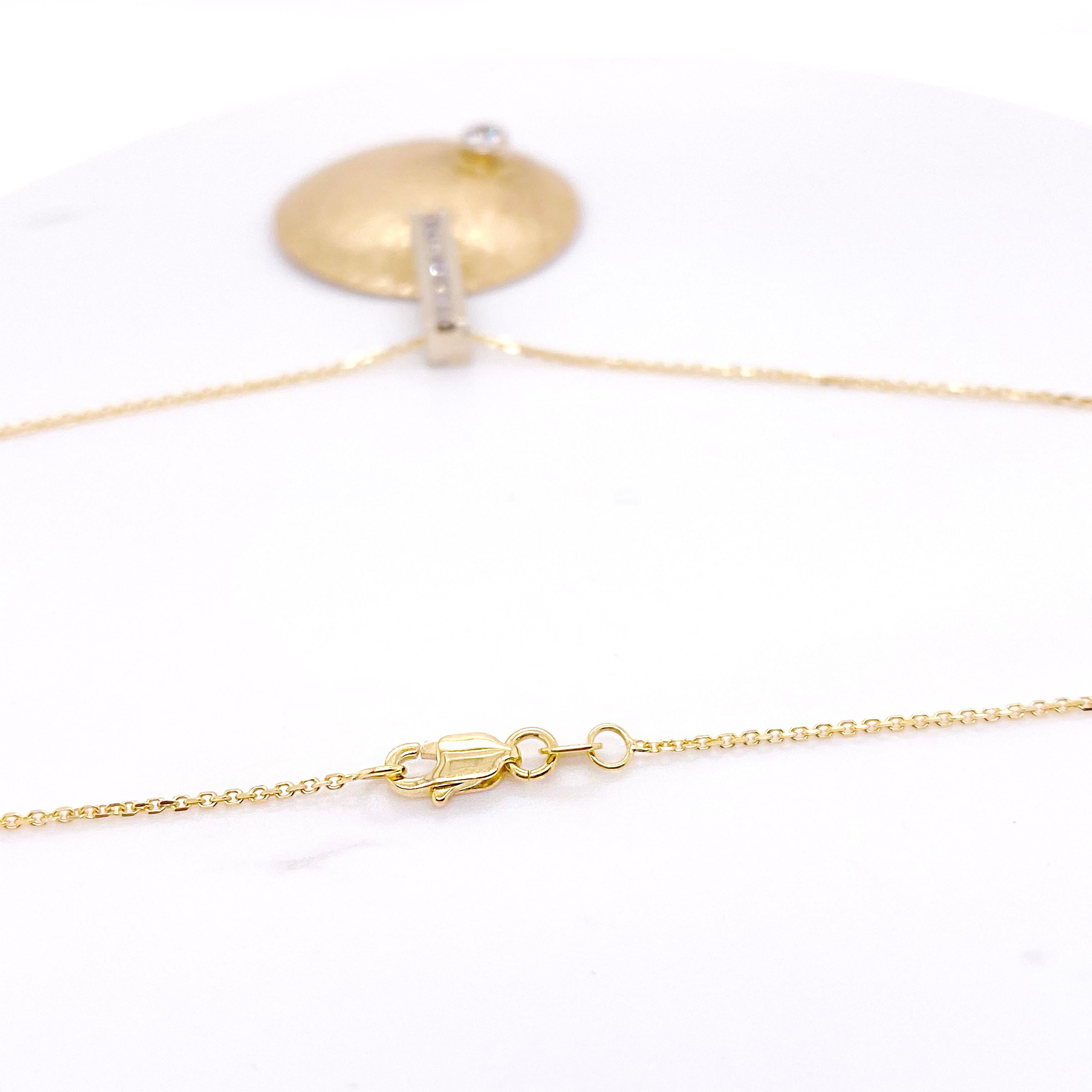 Round Cut Gold Disk Diamond Pendant Necklace, Yellow Gold, Hammered Circle Pendant For Sale