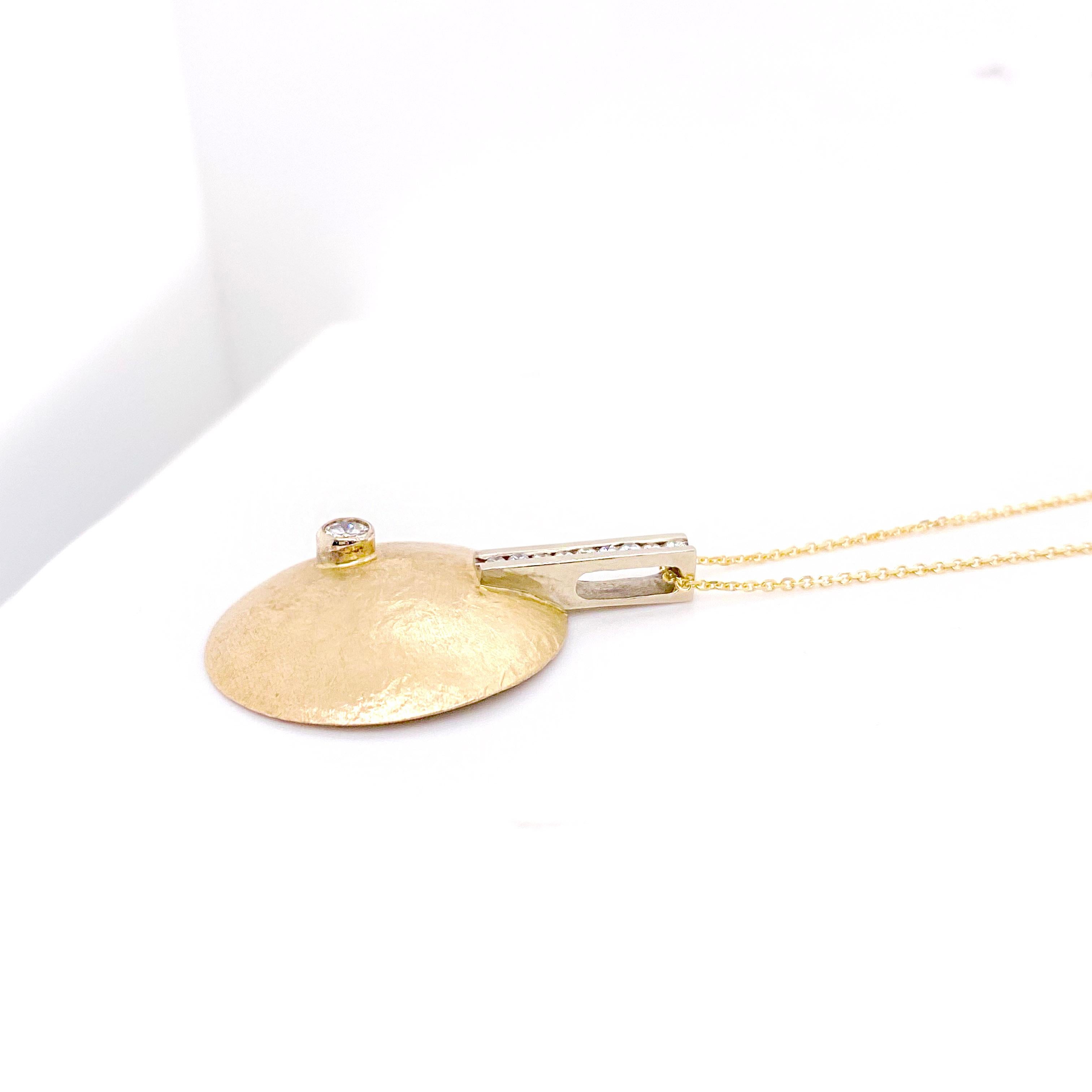 Gold Disk Diamond Pendant Necklace, Yellow Gold, Hammered Circle Pendant In New Condition For Sale In Austin, TX