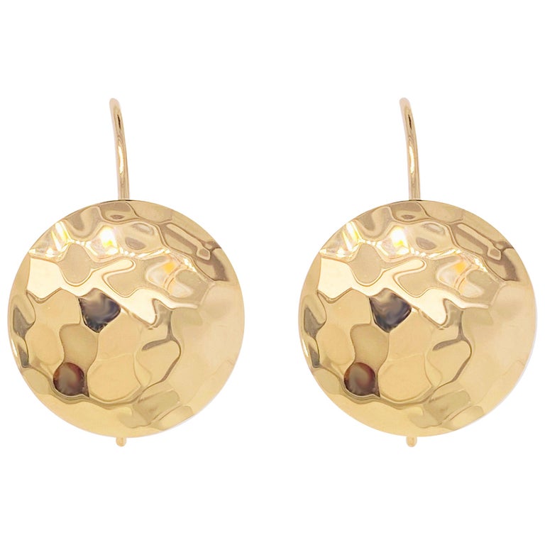 Gold Disk Earrings, Hammered Disk Ear Wires, 14 Karat Yellow Gold, 14 Karat For Sale