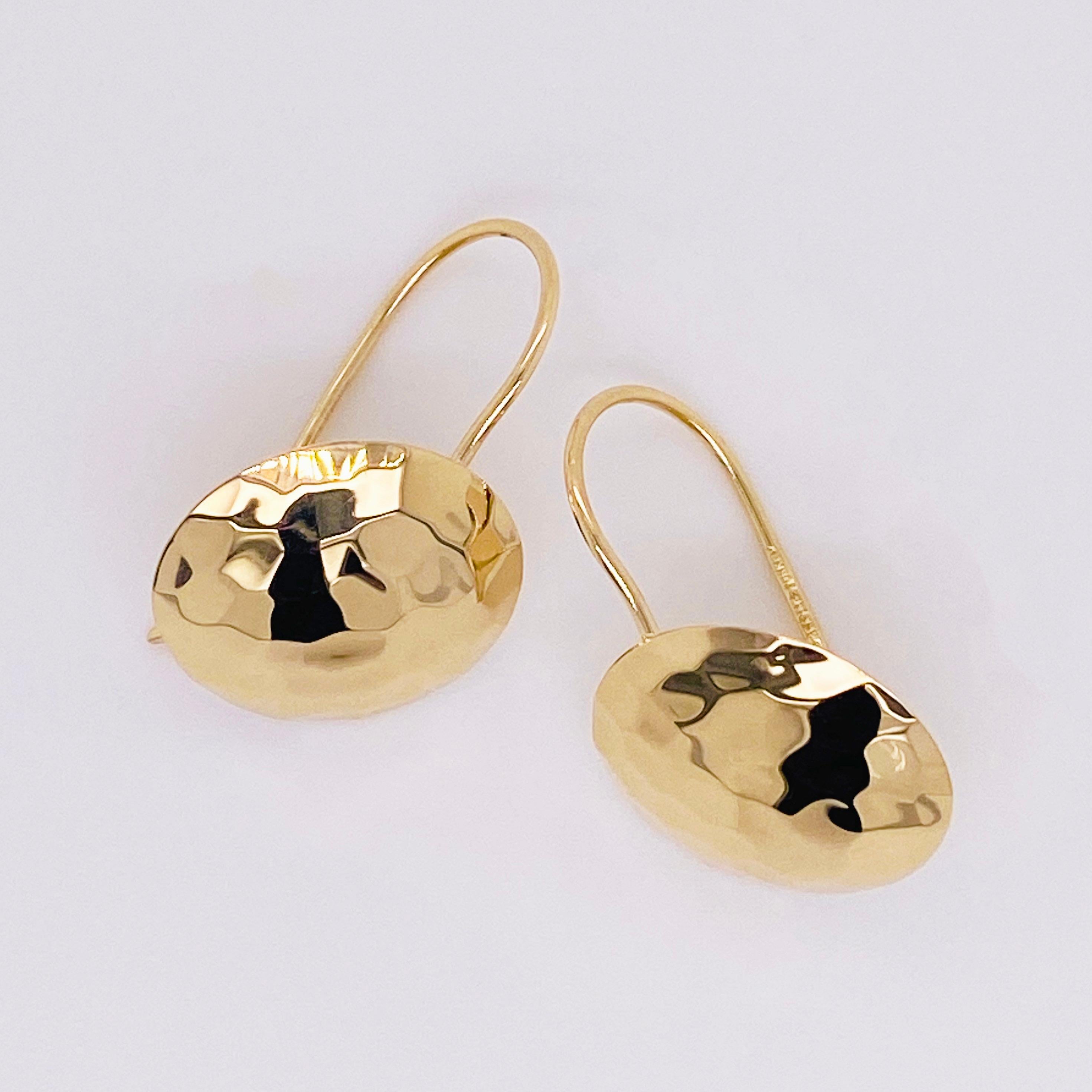 Boucles d'oreilles disque en or 14 carats, fils d'oreilles disque martelé, or jaune 14 carats Pour femmes en vente