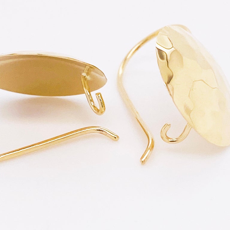 Gold Disk Earrings, Hammered Disk Ear Wires, 14 Karat Yellow Gold, 14 Karat For Sale 2