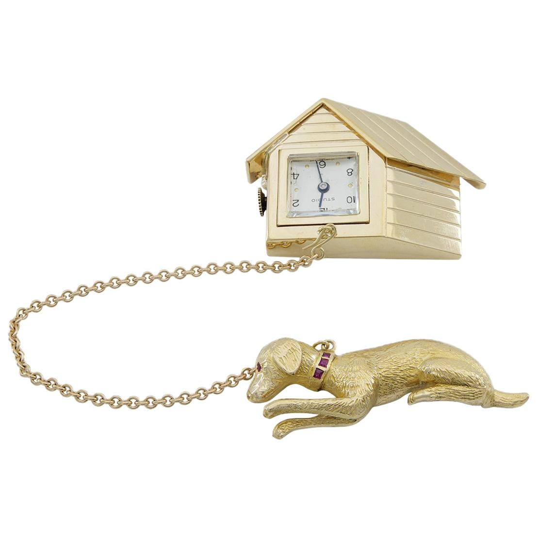 Gold Dog and Dog House Clock Brooch For Sale