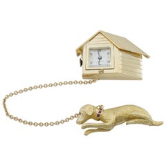 Gold Dog and Dog House Clock Brooch