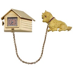 Gold Dog and Dog House Clock Brooch