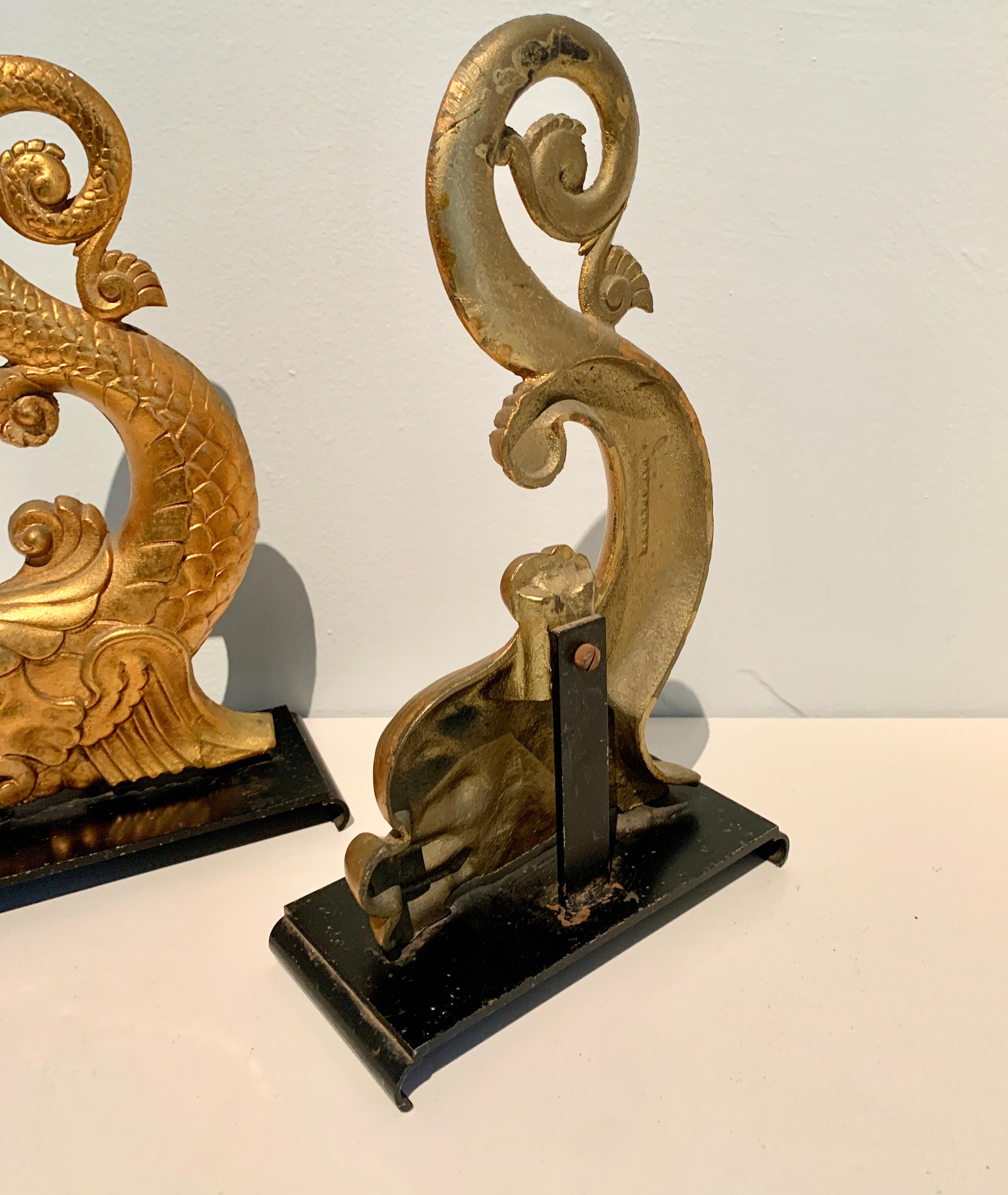 Mid-Century Modern Gold Dolphin Andirons Bookends