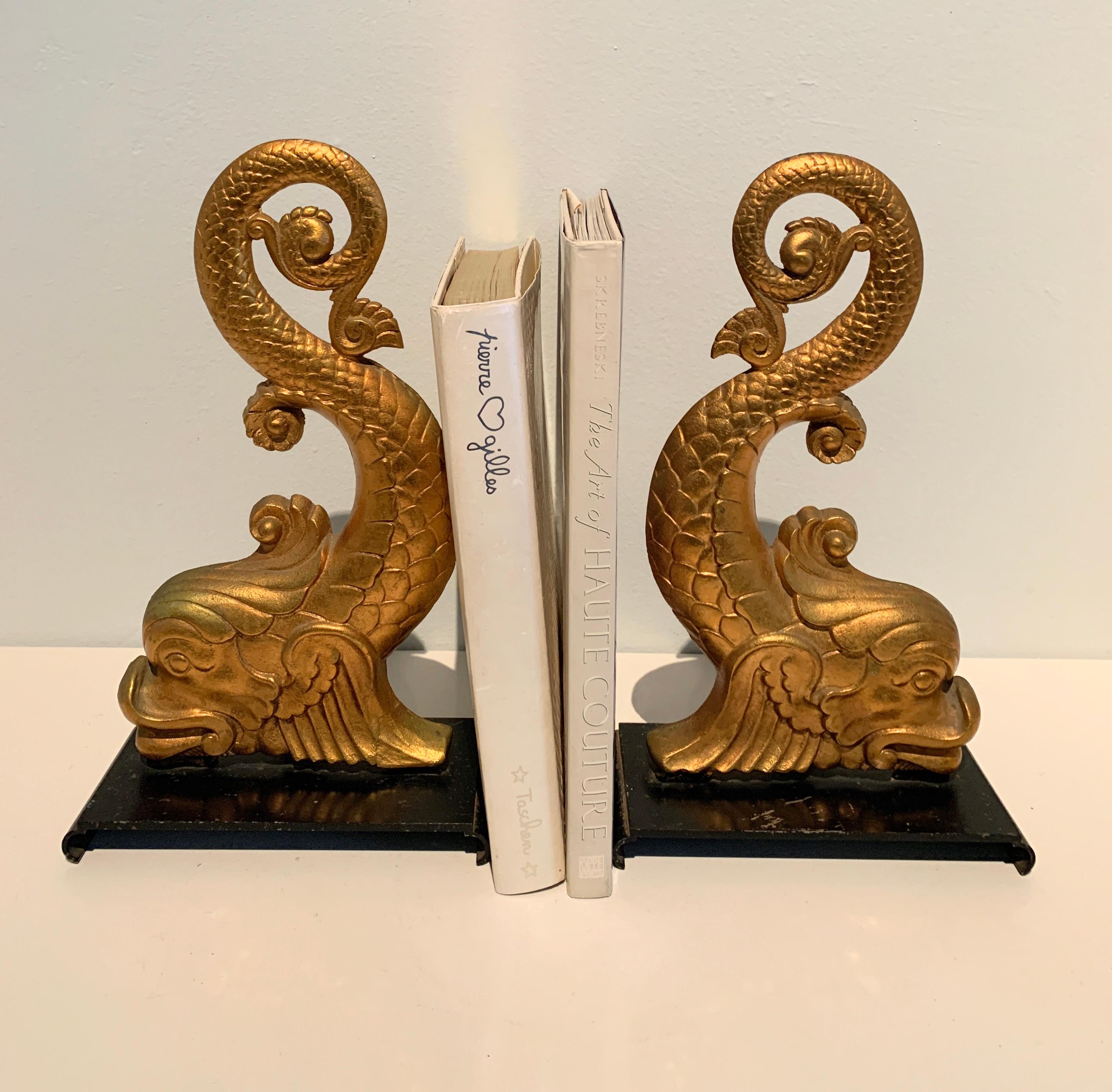 Gold Dolphin Andirons Bookends In Good Condition In Los Angeles, CA
