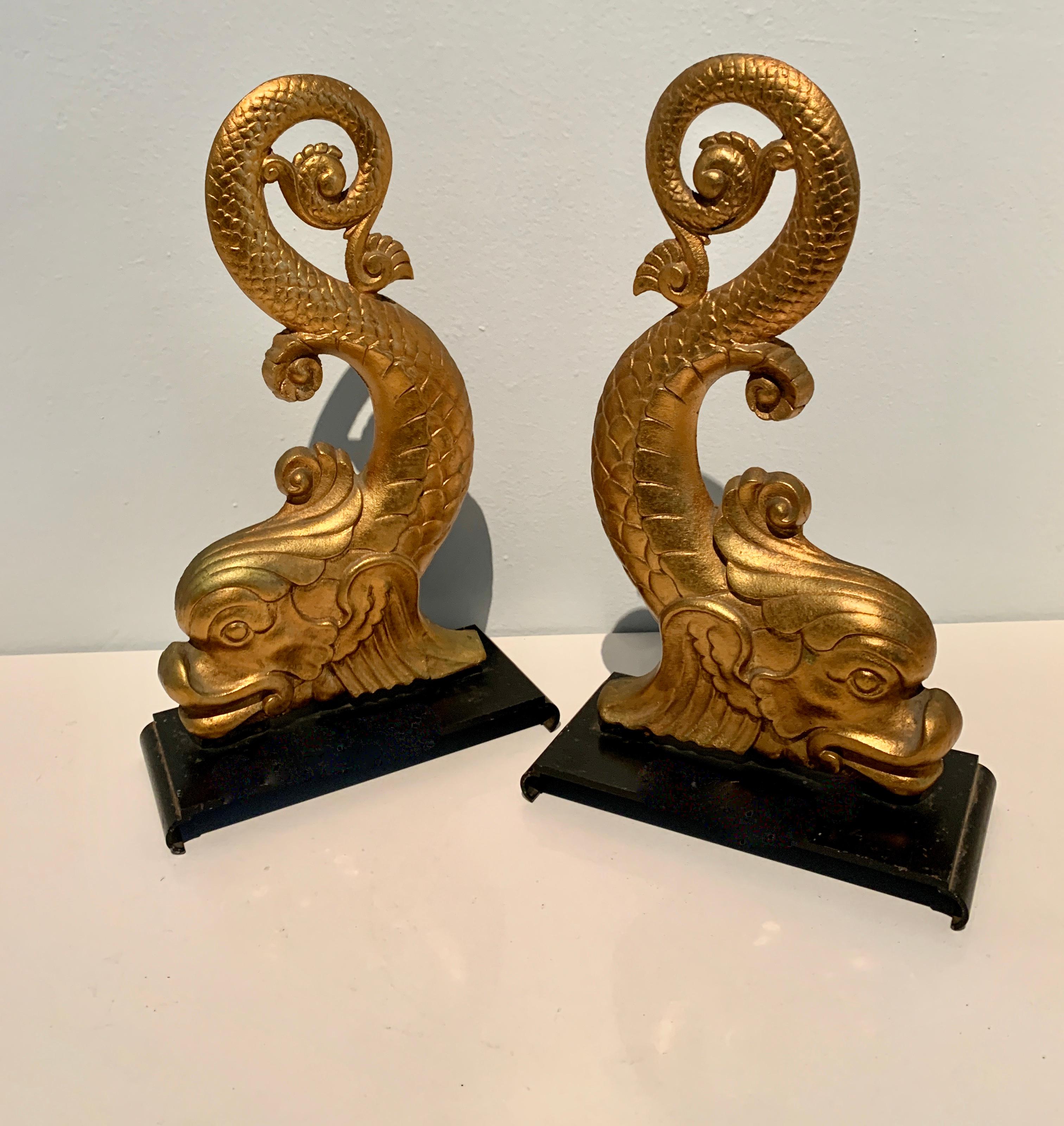 20th Century Gold Dolphin Andirons Bookends