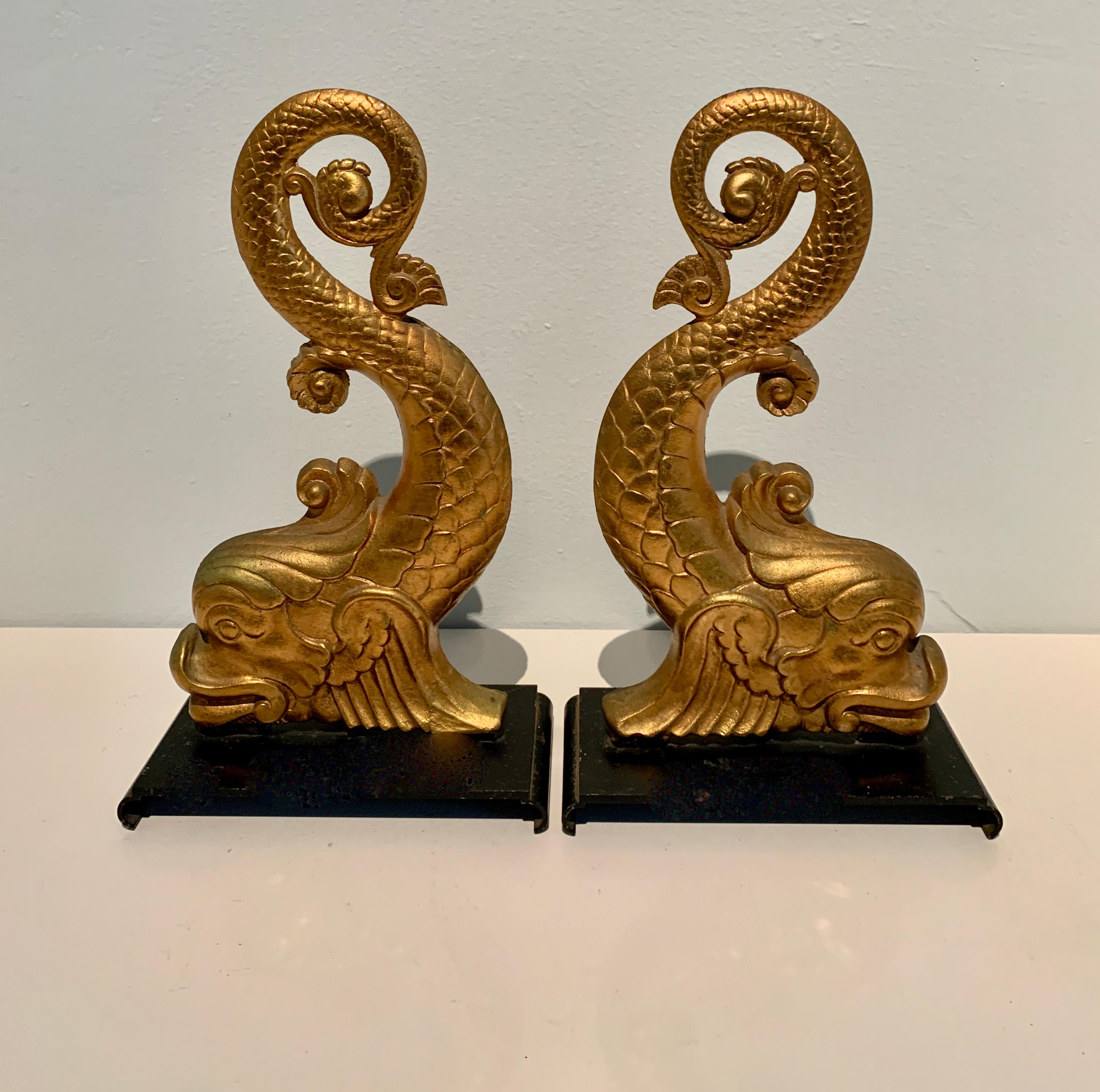Metal Gold Dolphin Andirons Bookends