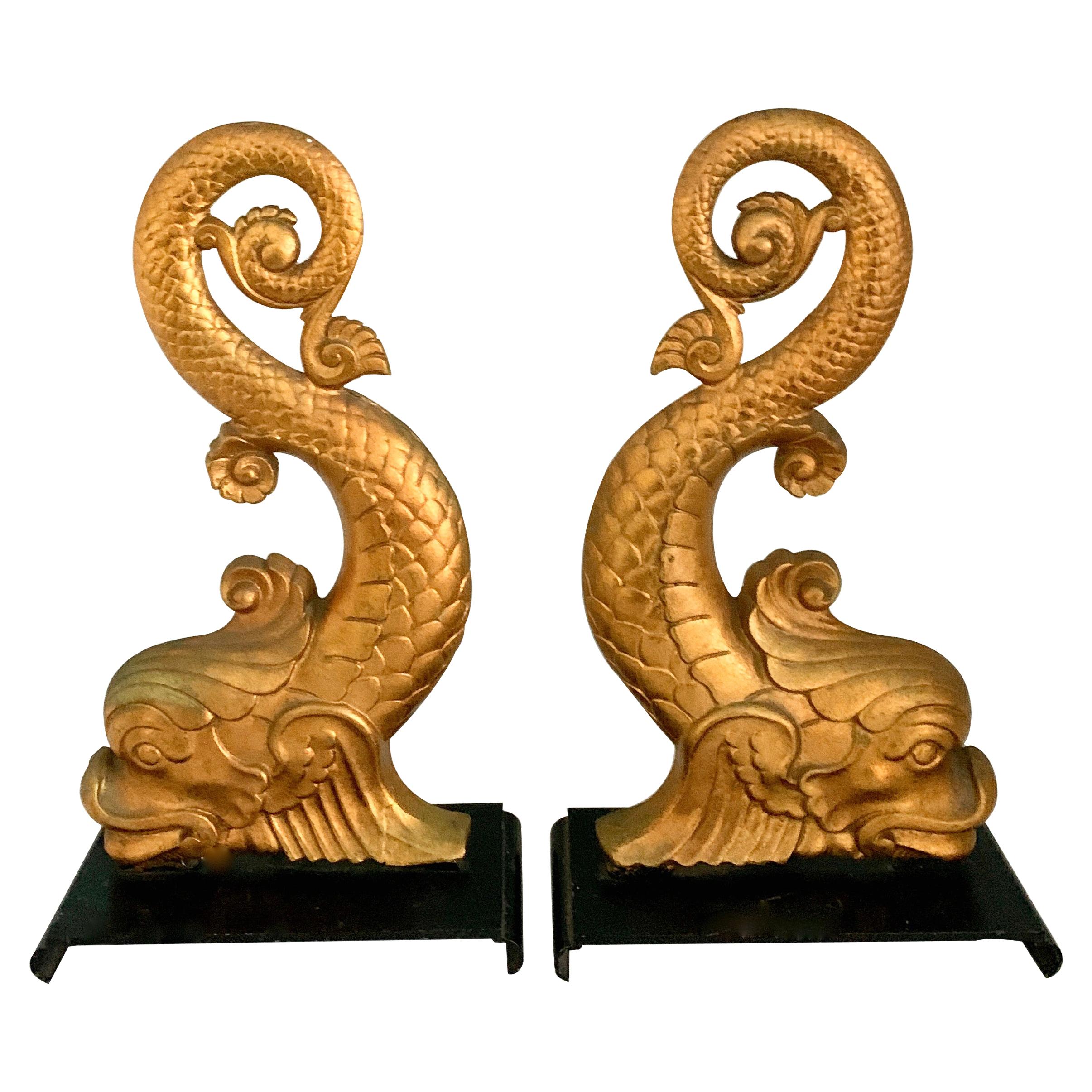 Gold Dolphin Andirons Bookends