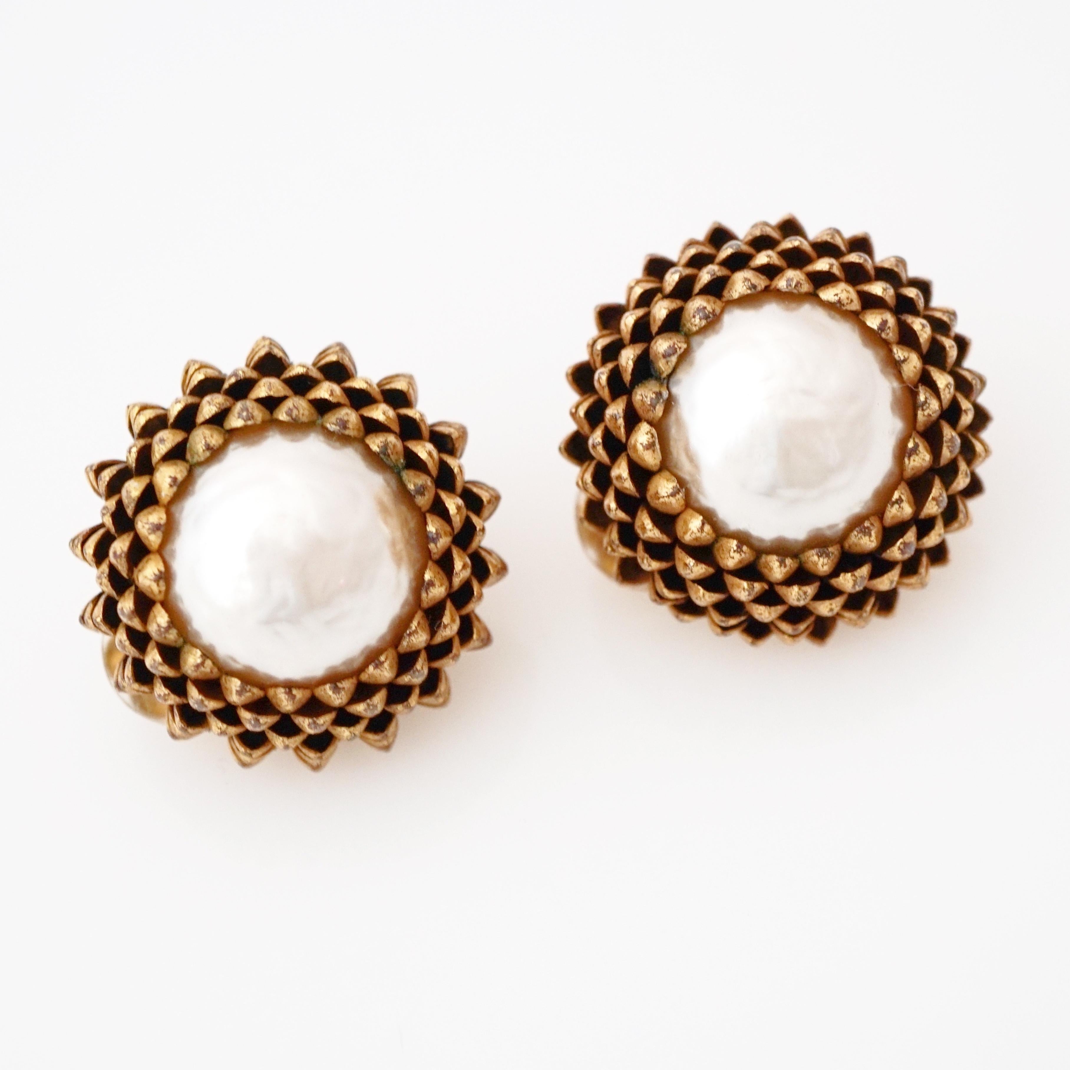 Modern Gold Dome Acorn Earrings With Baroque Pearls By Miriam Haskell, 1950s For Sale
